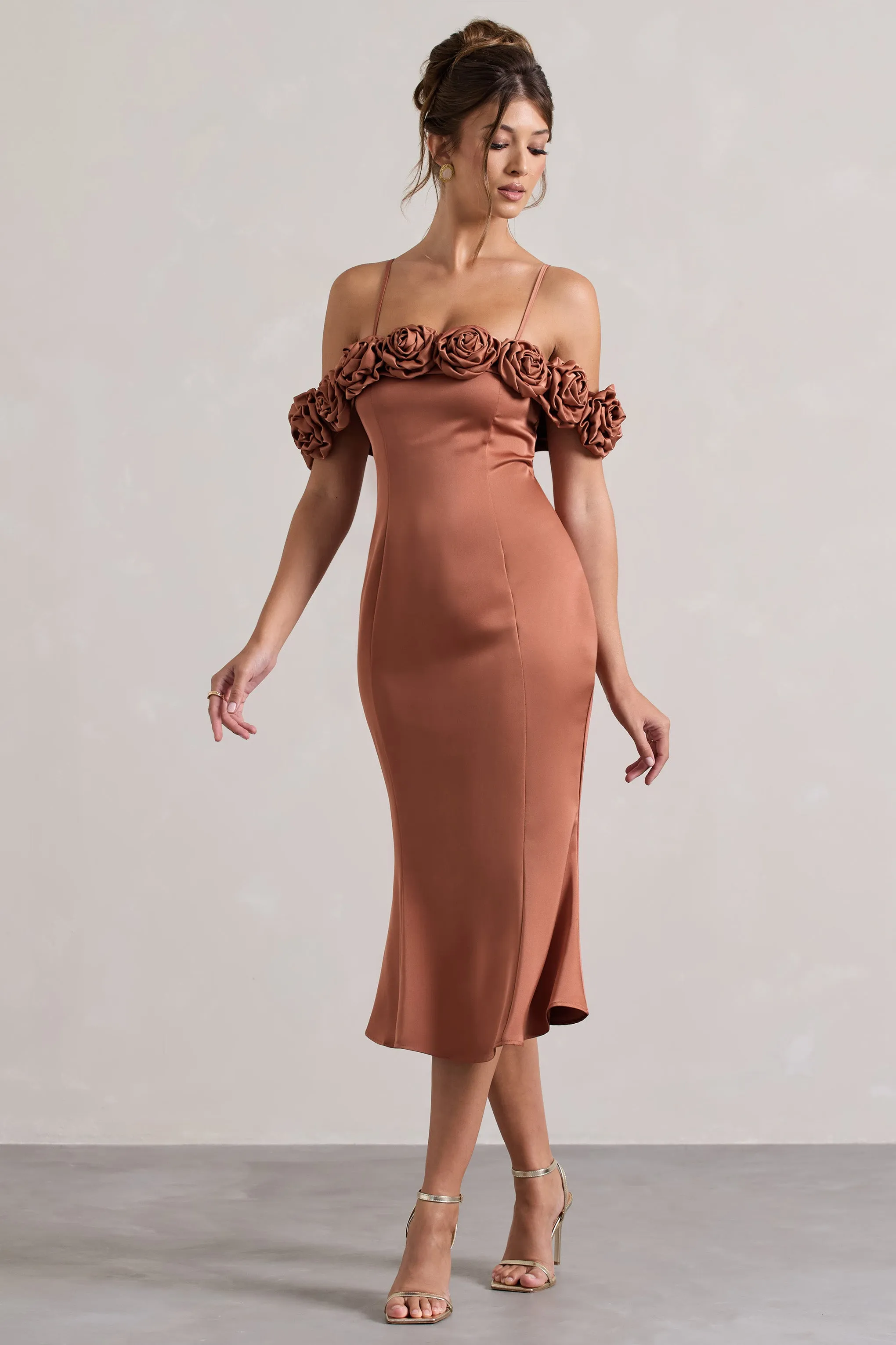 Petunia | Rust Satin Floral Bardot Midi Dress Club L London