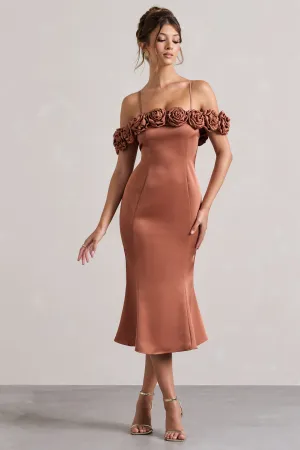 Petunia | Rust Satin Floral Bardot Midi Dress Club L London