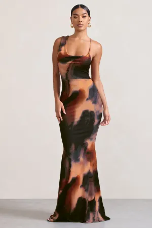 Phantasy |  Orange Smoke Print Asymmetric Neckline Cowl Maxi Dress Club L London
