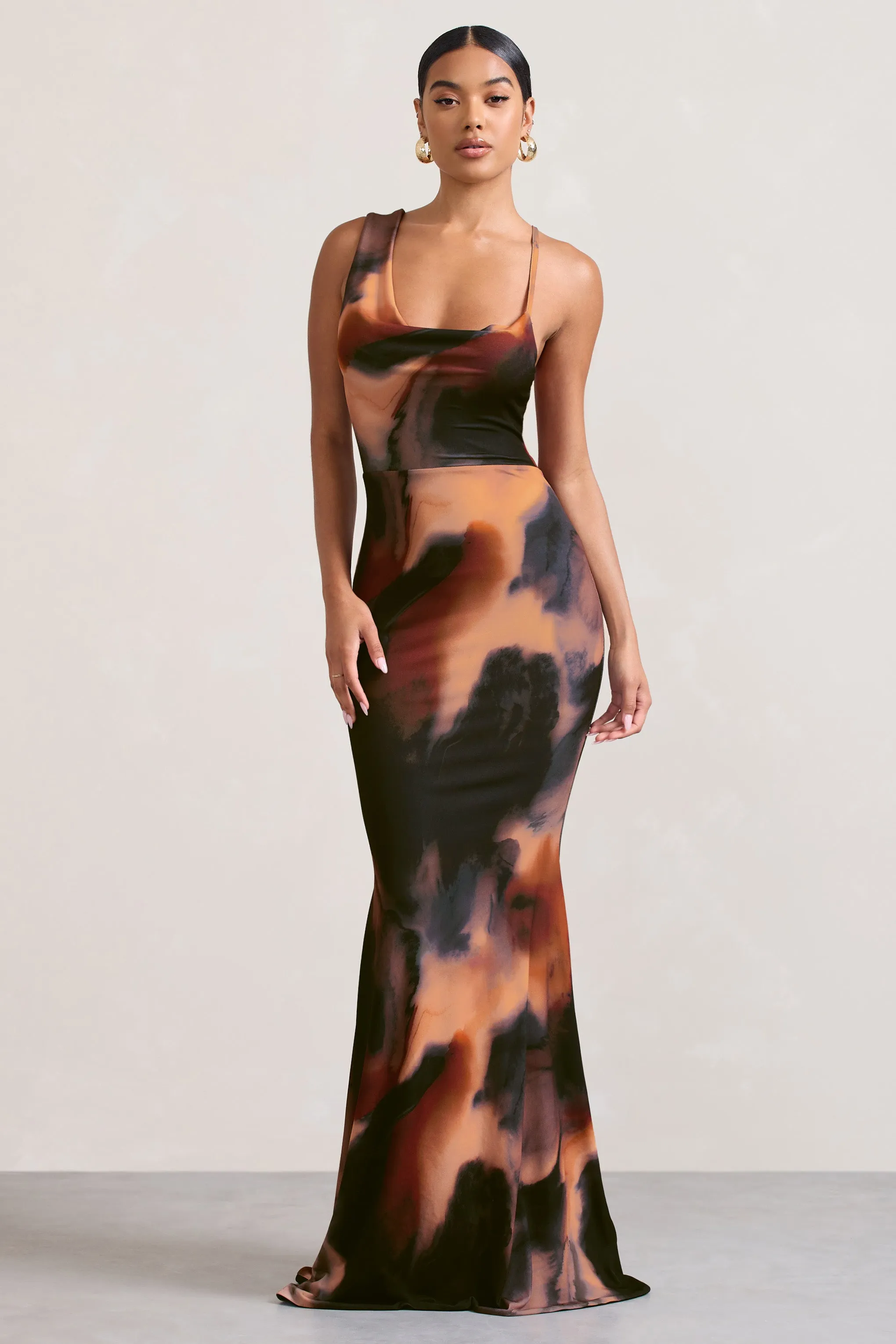 Phantasy |  Orange Smoke Print Asymmetric Neckline Cowl Maxi Dress Club L London