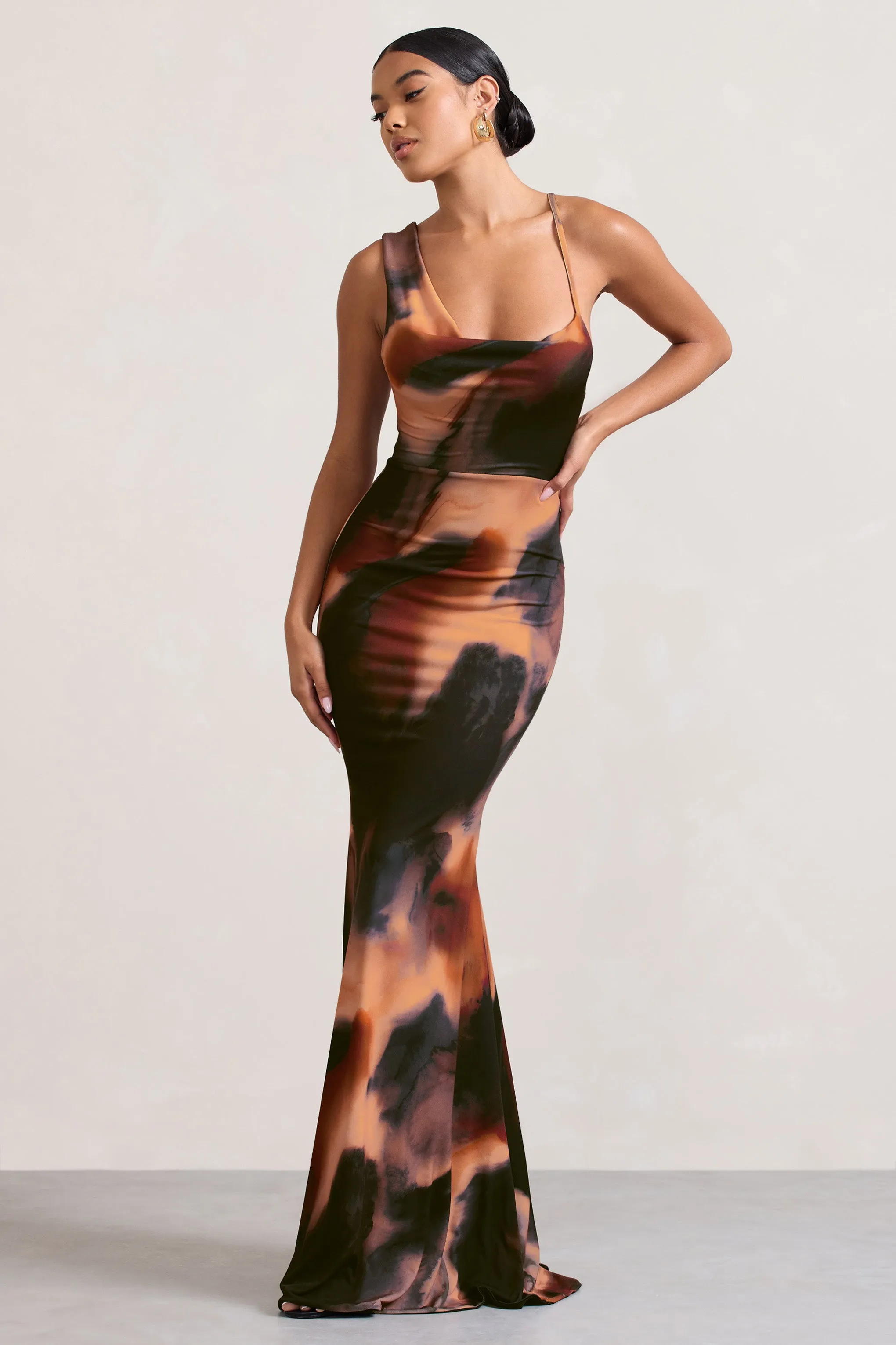 Phantasy |  Orange Smoke Print Asymmetric Neckline Cowl Maxi Dress Club L London
