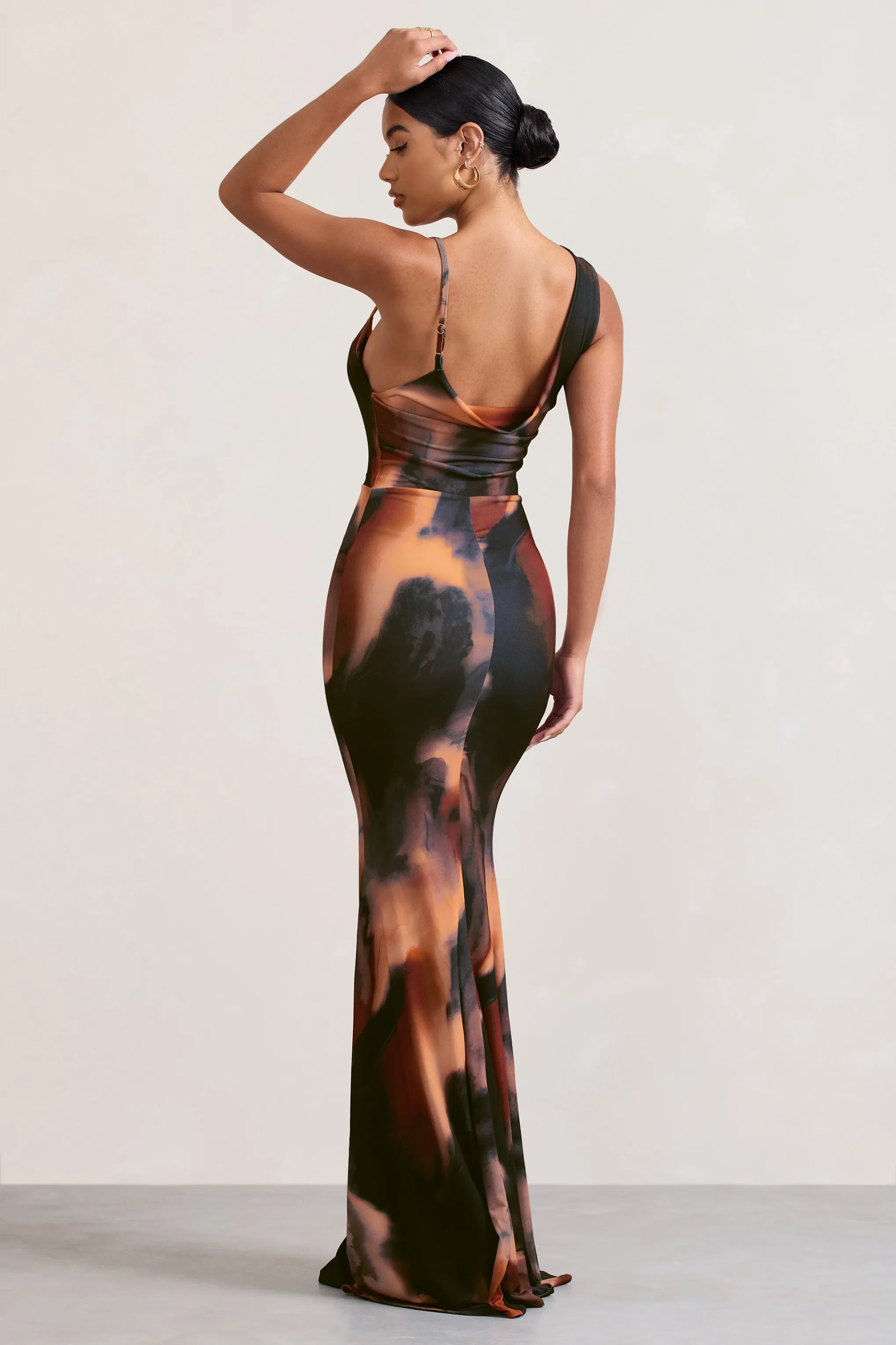 Phantasy |  Orange Smoke Print Asymmetric Neckline Cowl Maxi Dress Club L London