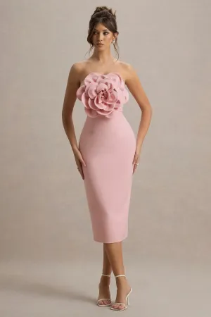 Phina | Pale Pink Bodycon Midi Dress With Large Floral Corsages Club L London