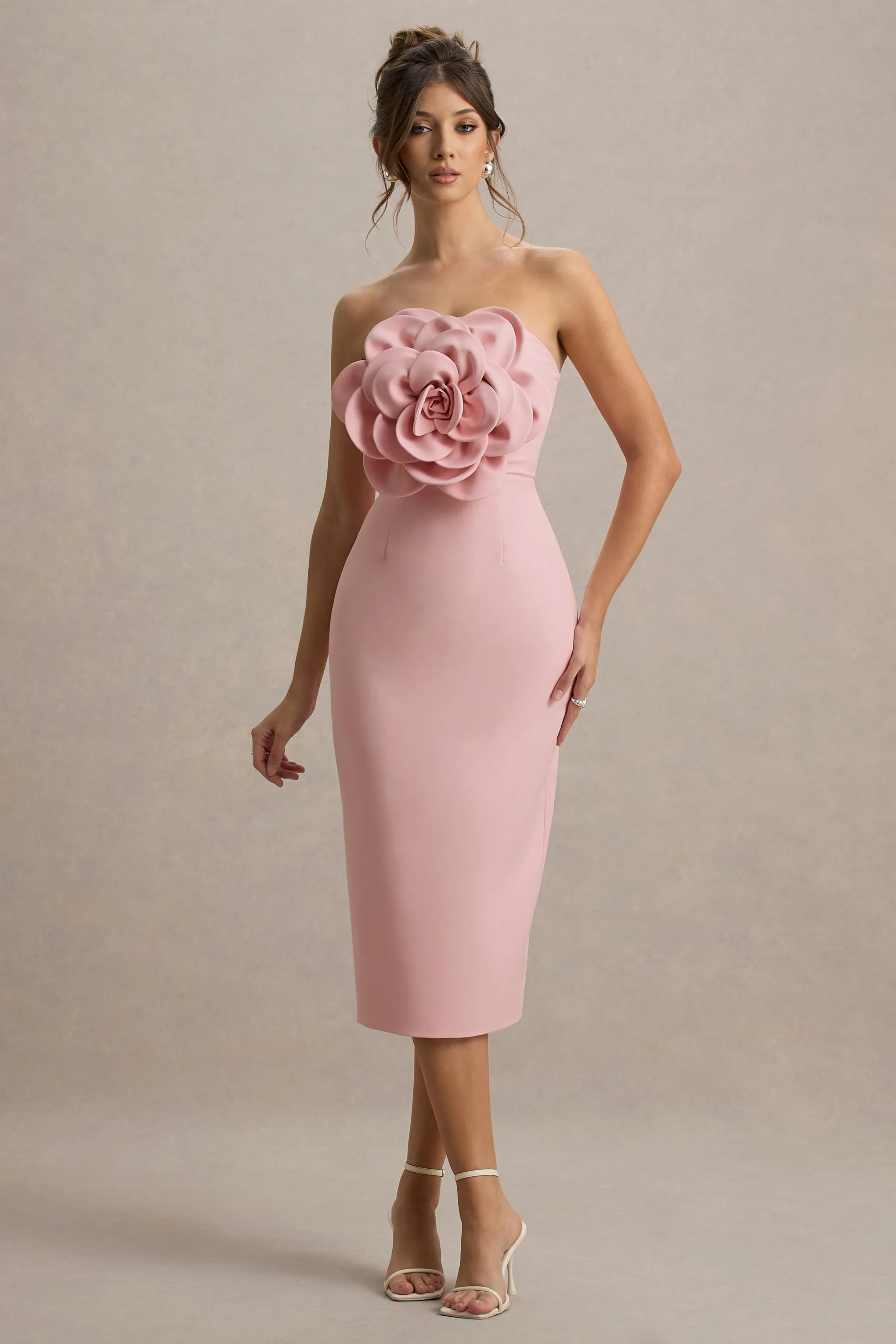 Phina | Pale Pink Bodycon Midi Dress With Large Floral Corsages Club L London