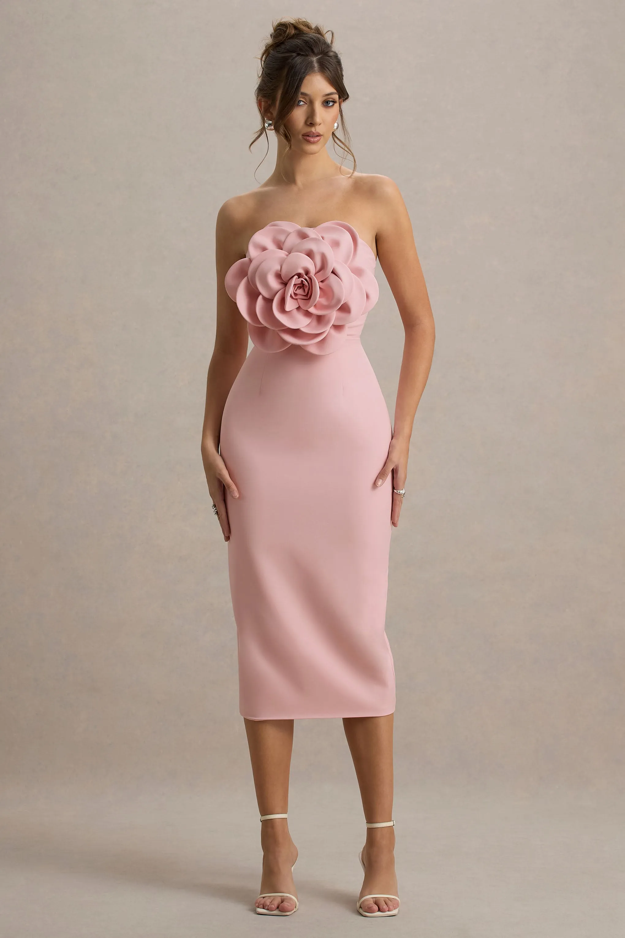 Phina | Pale Pink Bodycon Midi Dress With Large Floral Corsages Club L London