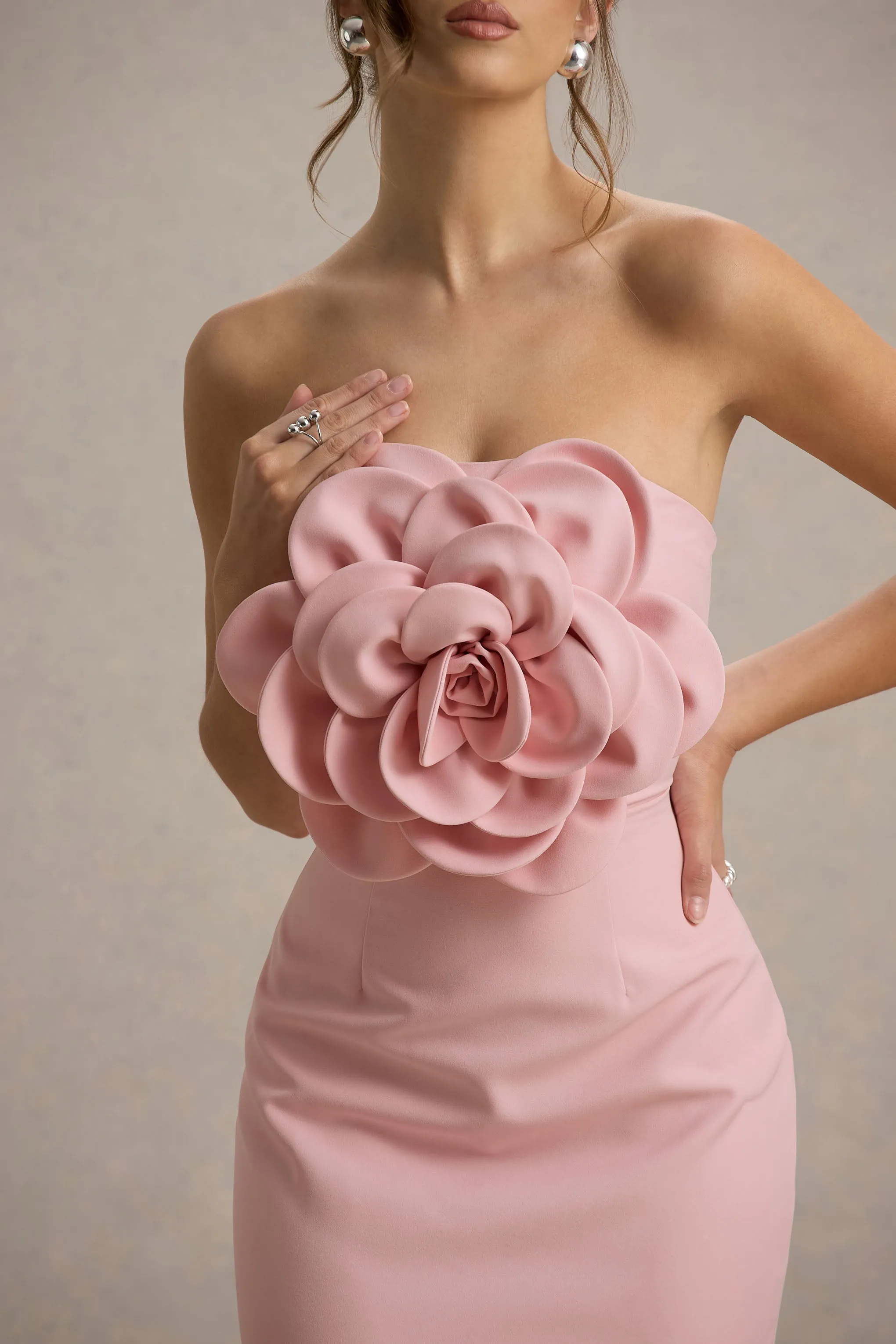 Phina | Pale Pink Bodycon Midi Dress With Large Floral Corsages Club L London