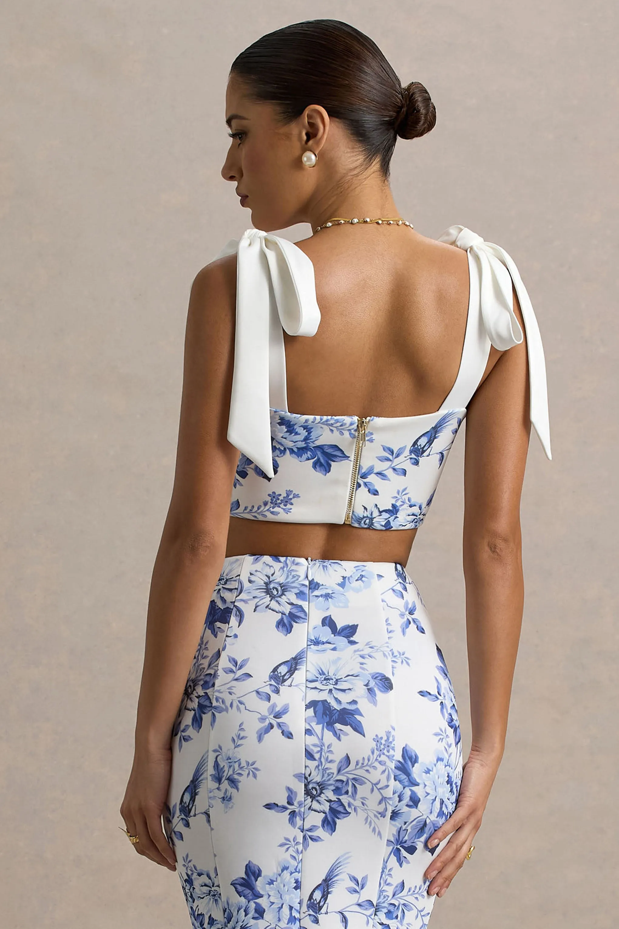 Phoebe | Blue Porcelain Print Crop Top With Tie Straps Tie Club L London