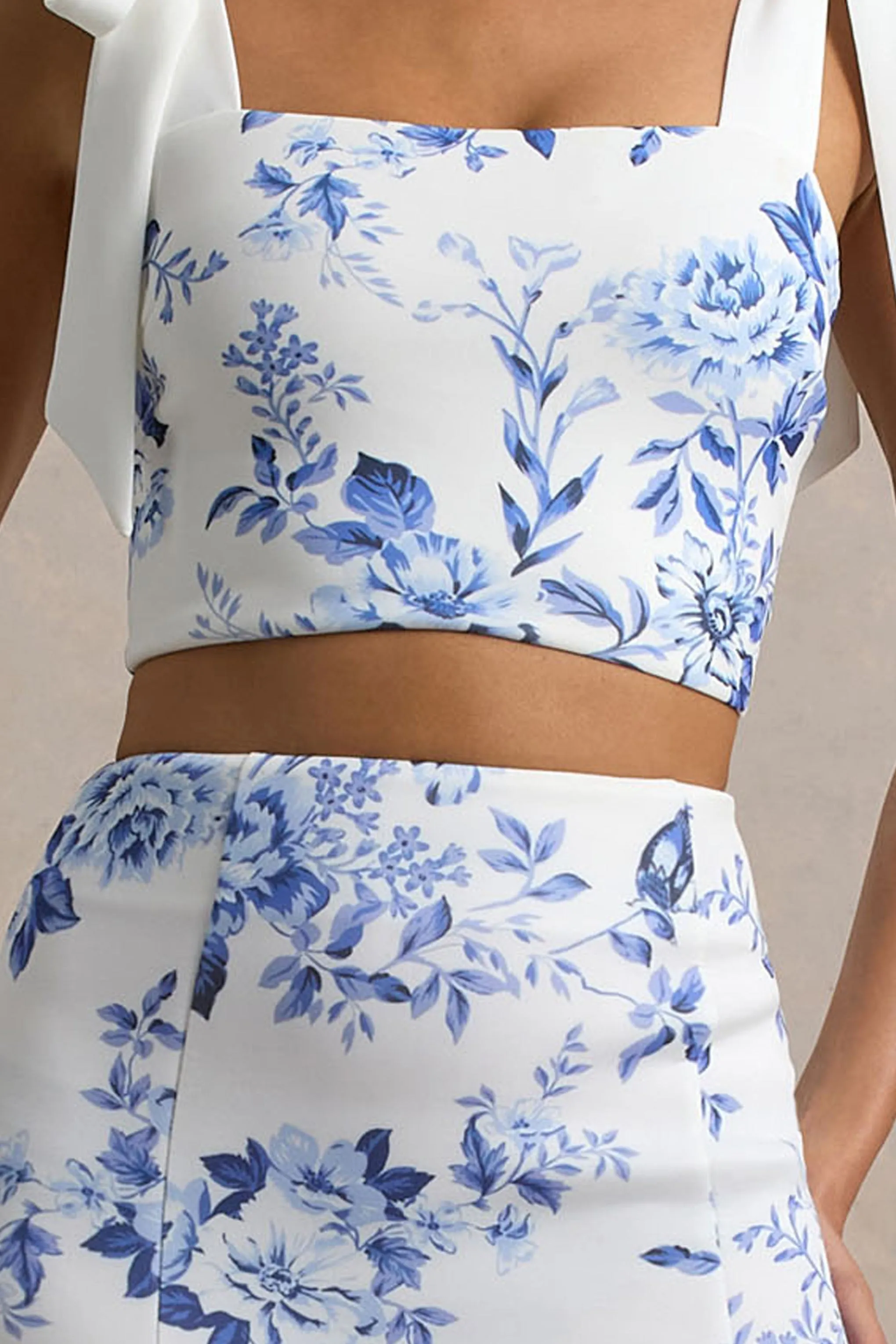 Phoebe | Blue Porcelain Print Crop Top With Tie Straps Tie Club L London