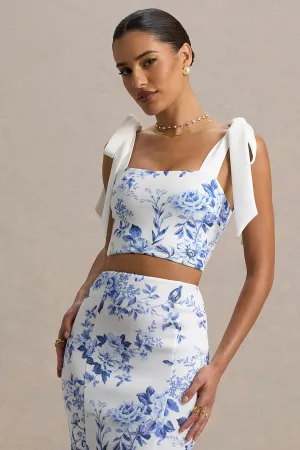 Phoebe | Blue Porcelain Print Crop Top With Tie Straps Tie Club L London