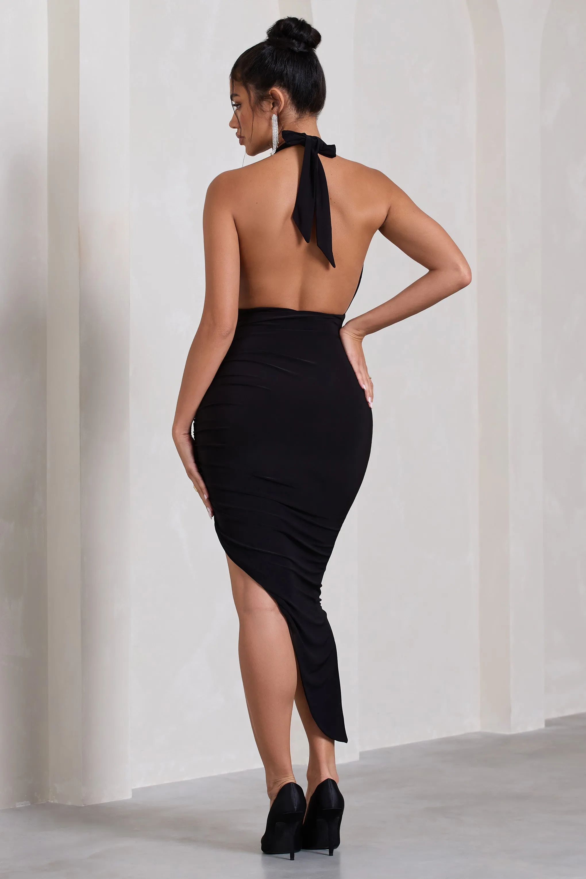 Picture This | Black Asymmetric Halter-Neck Backless Maxi Dress Club L London