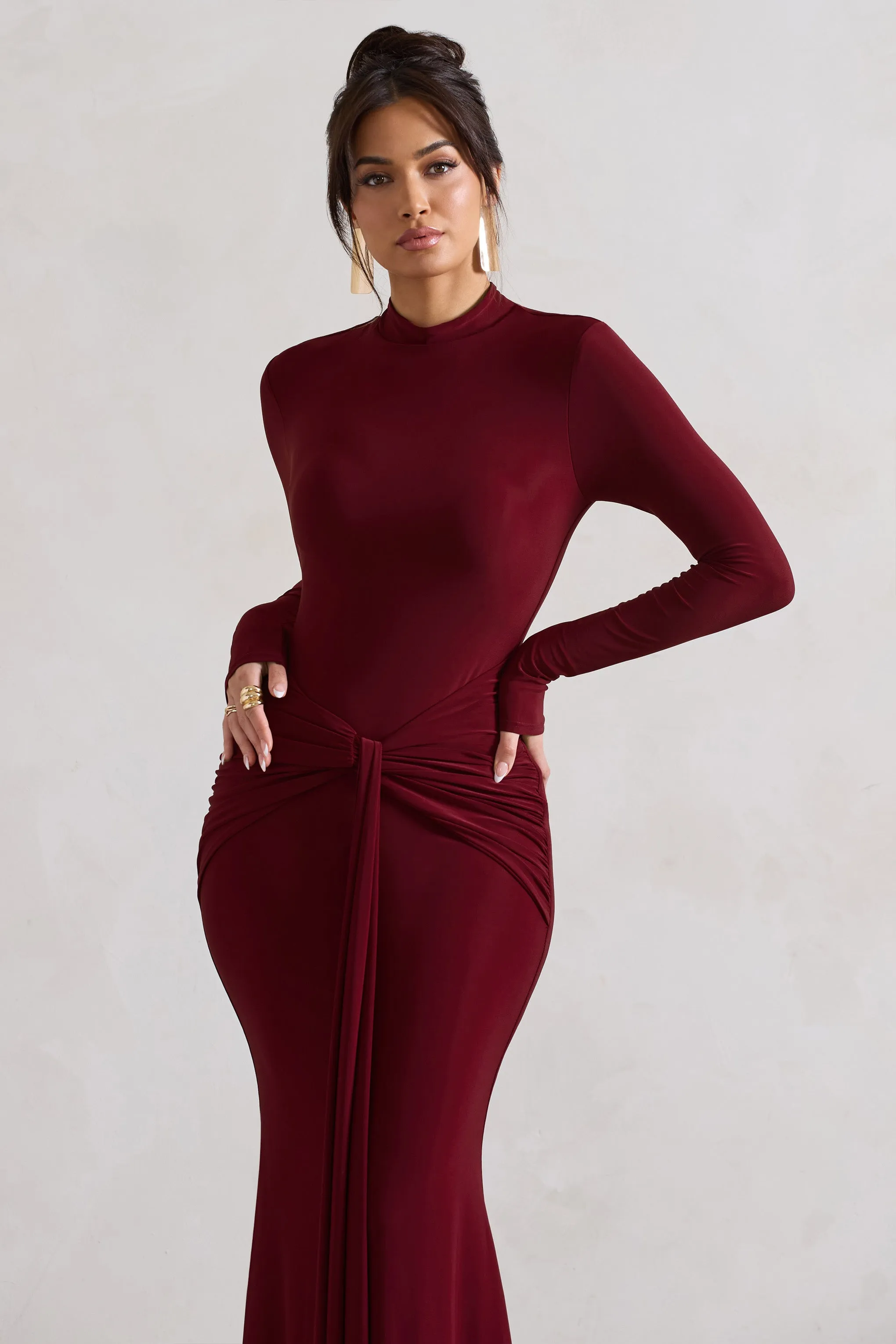 Pietra | Berry High-Neck Long Sleeve Knot Maxi Dress Club L London