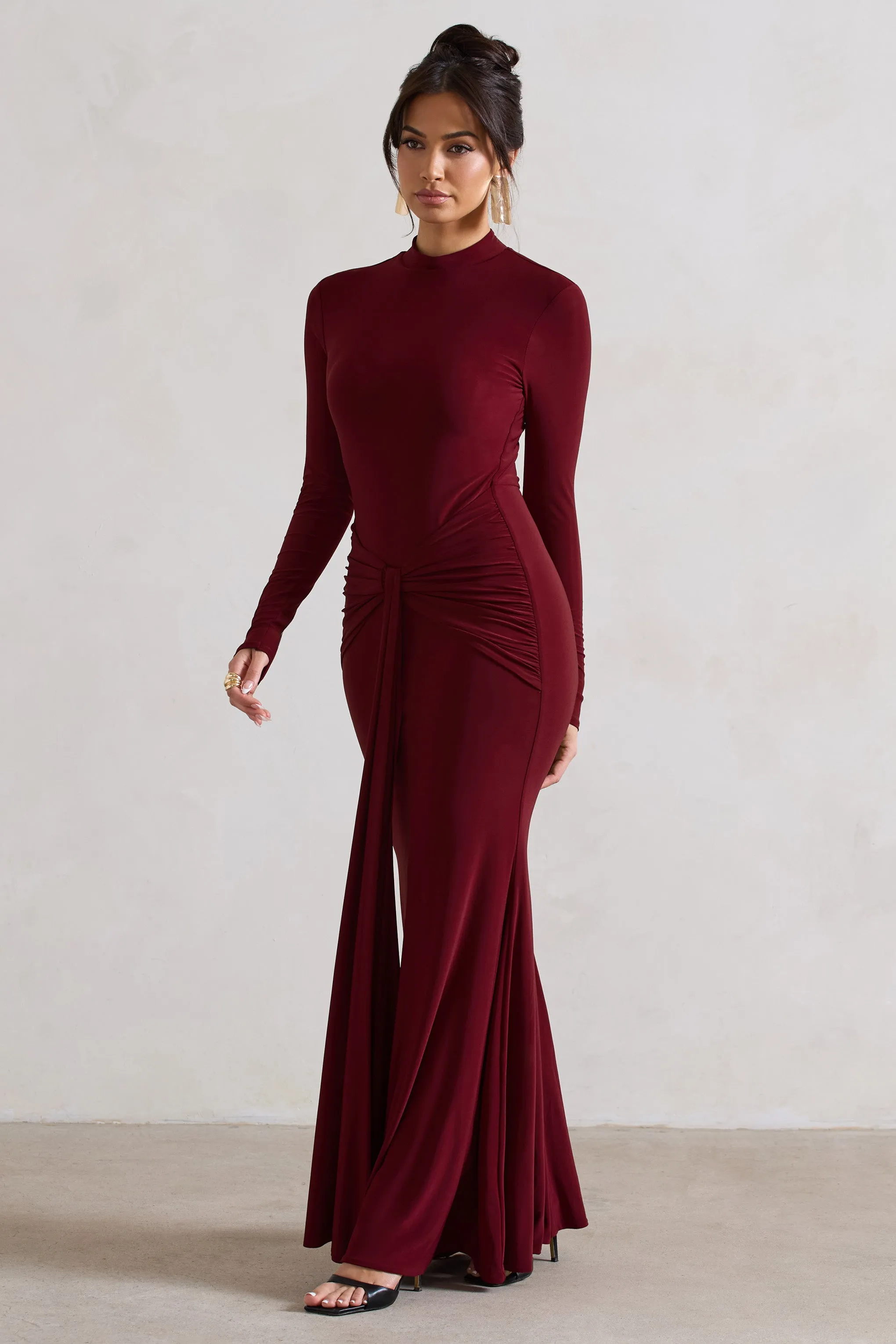 Pietra | Berry High-Neck Long Sleeve Knot Maxi Dress Club L London