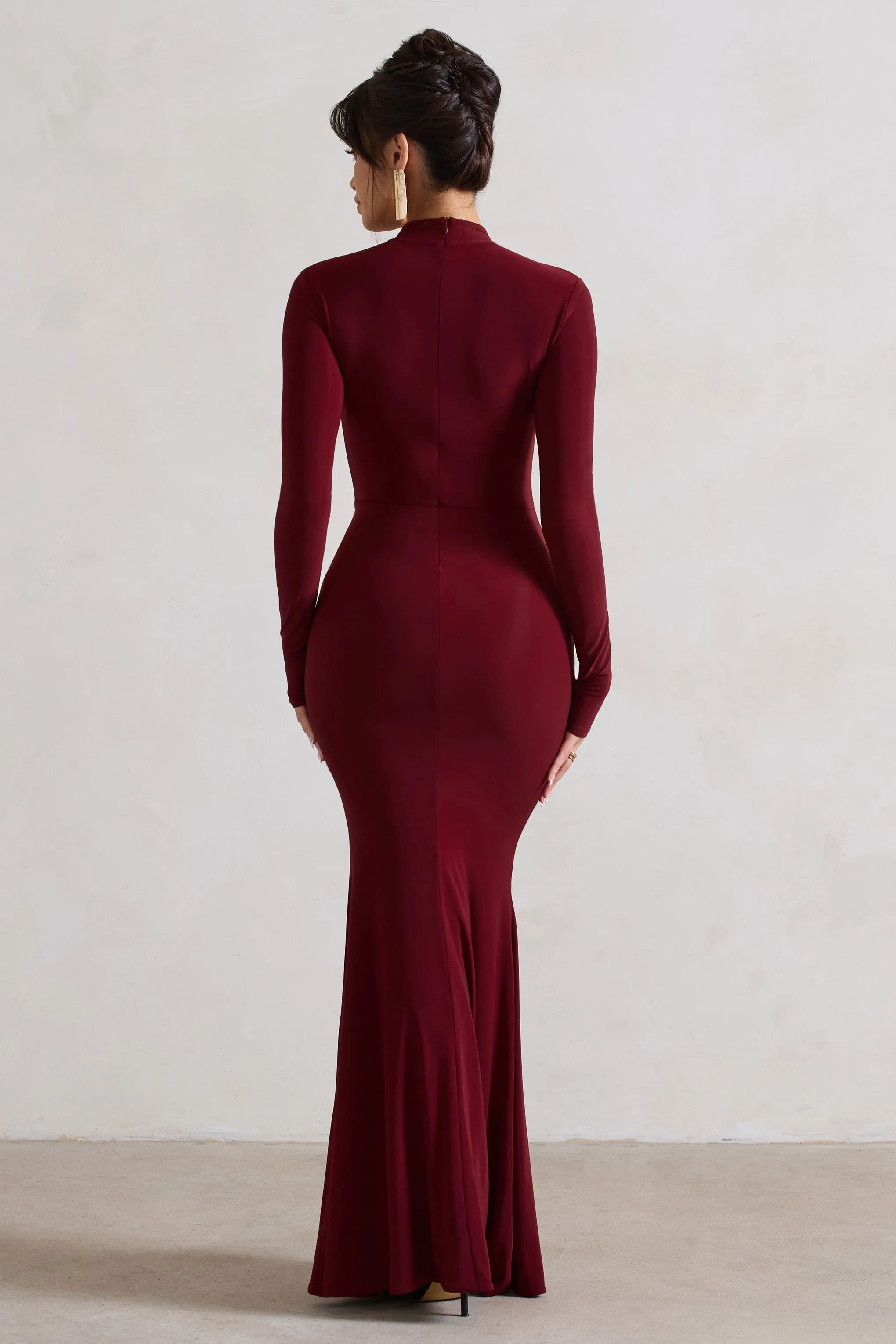 Pietra | Berry High-Neck Long Sleeve Knot Maxi Dress Club L London