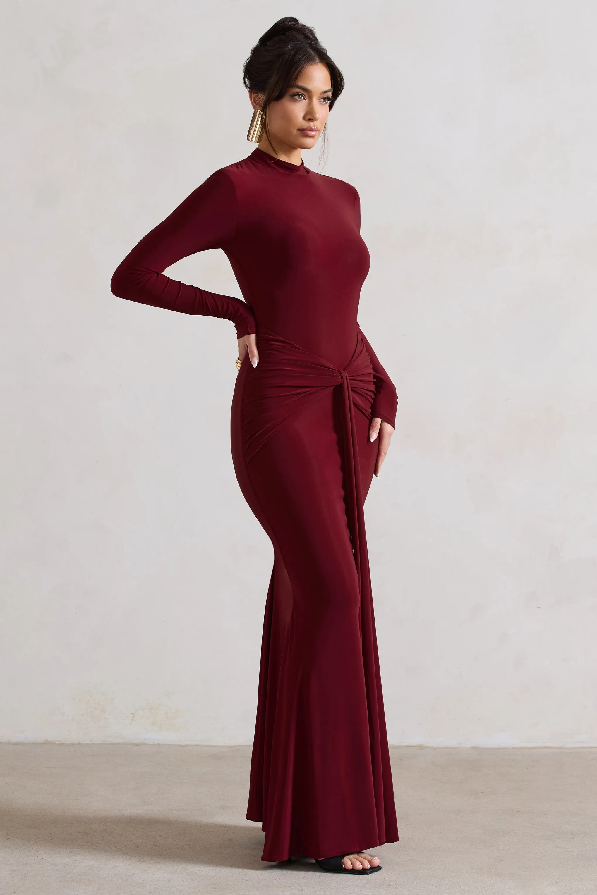 Pietra | Berry High-Neck Long Sleeve Knot Maxi Dress Club L London