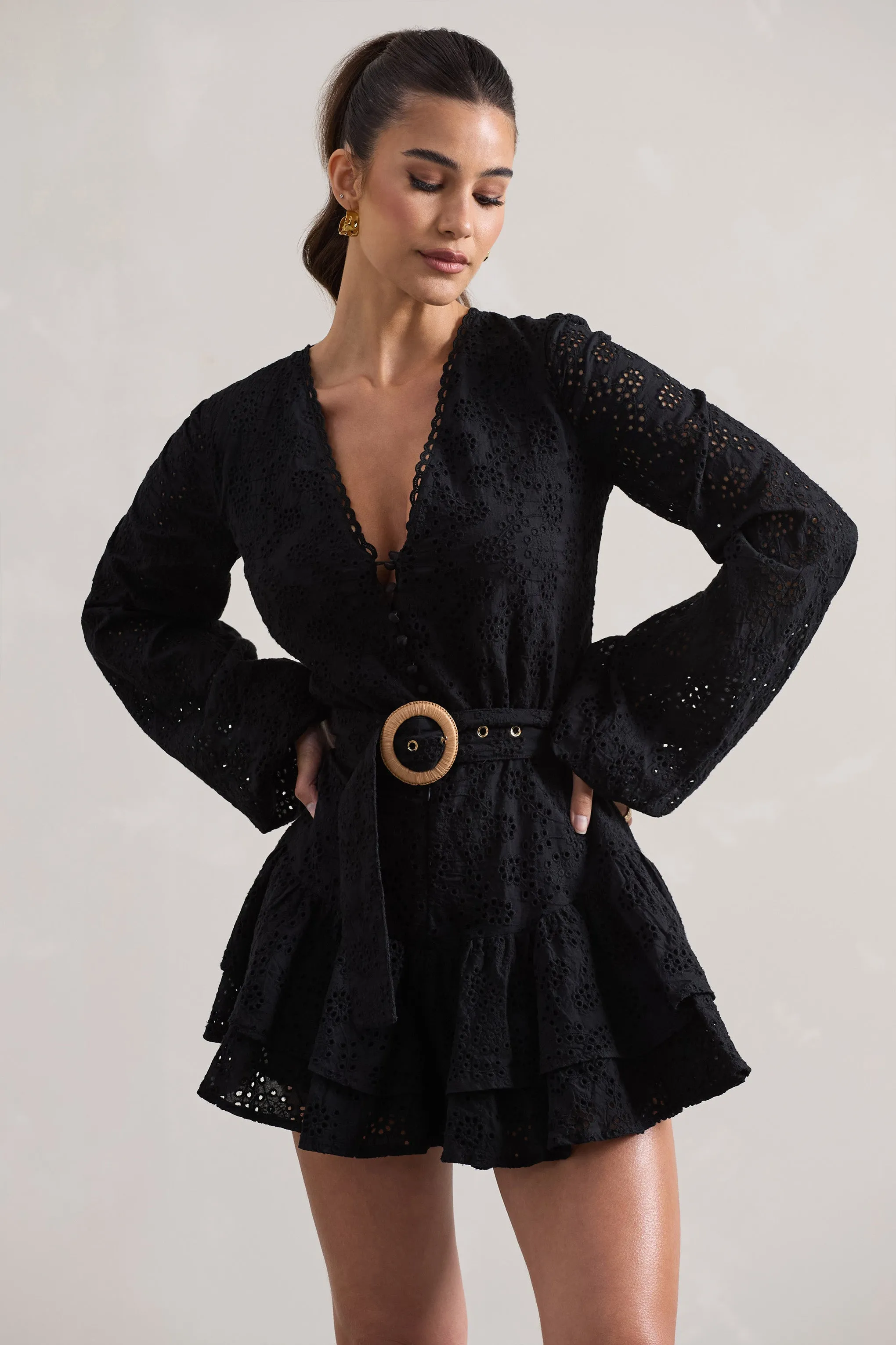 Places To Be | Black Broderie Belted Ruffled Playsuit Club L London