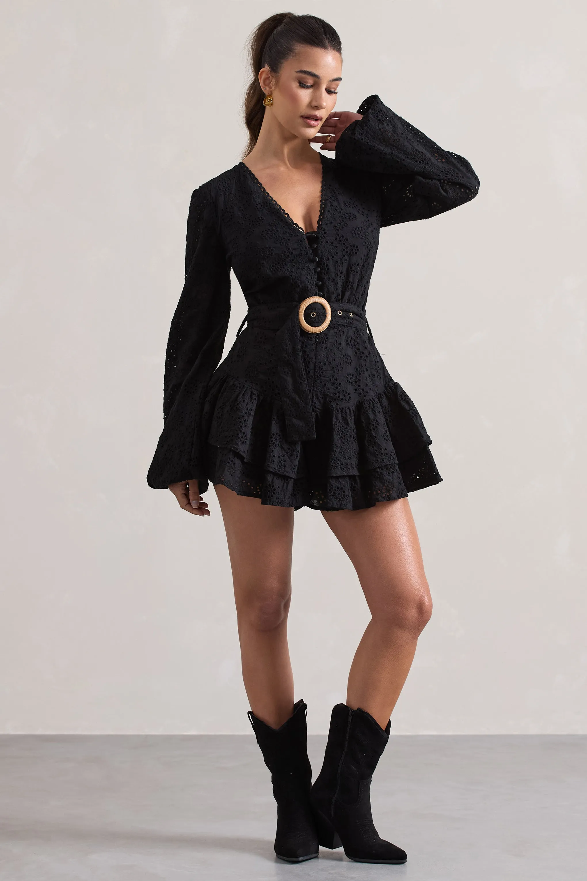 Places To Be | Black Broderie Belted Ruffled Playsuit Club L London