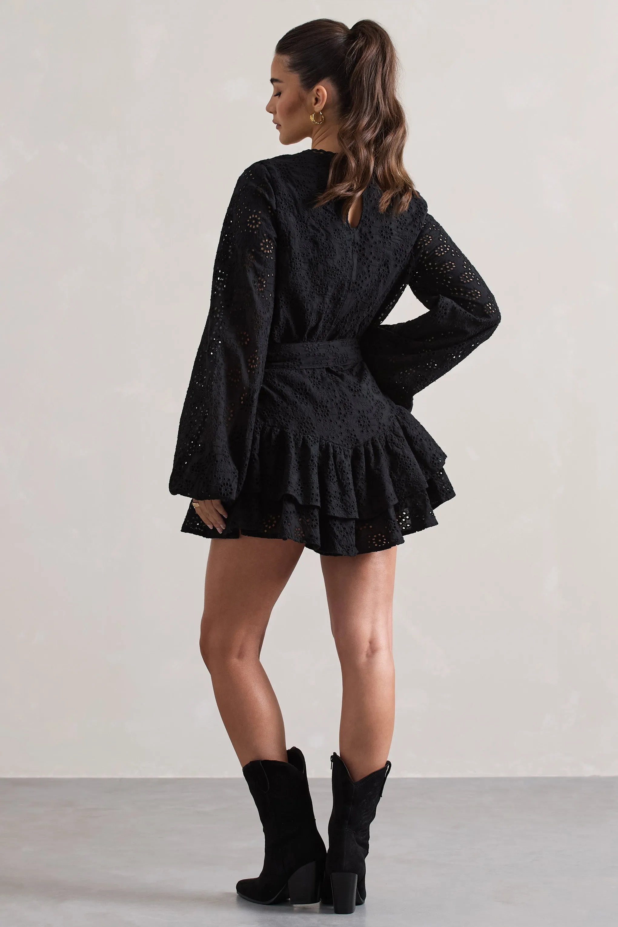 Places To Be | Black Broderie Belted Ruffled Playsuit Club L London