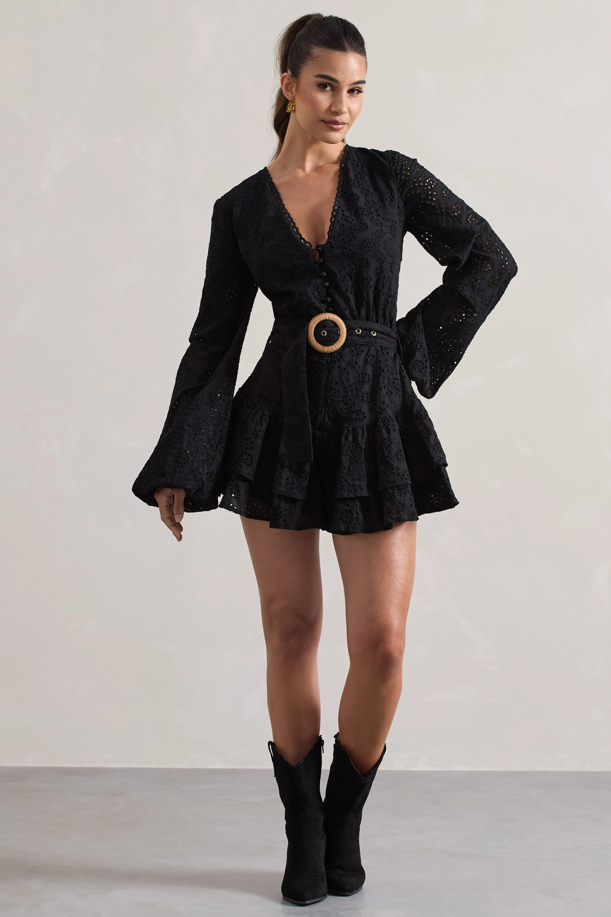Places To Be | Black Broderie Belted Ruffled Playsuit Club L London