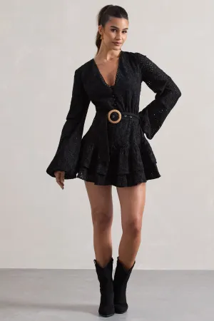 Places To Be | Black Broderie Belted Ruffled Playsuit Club L London