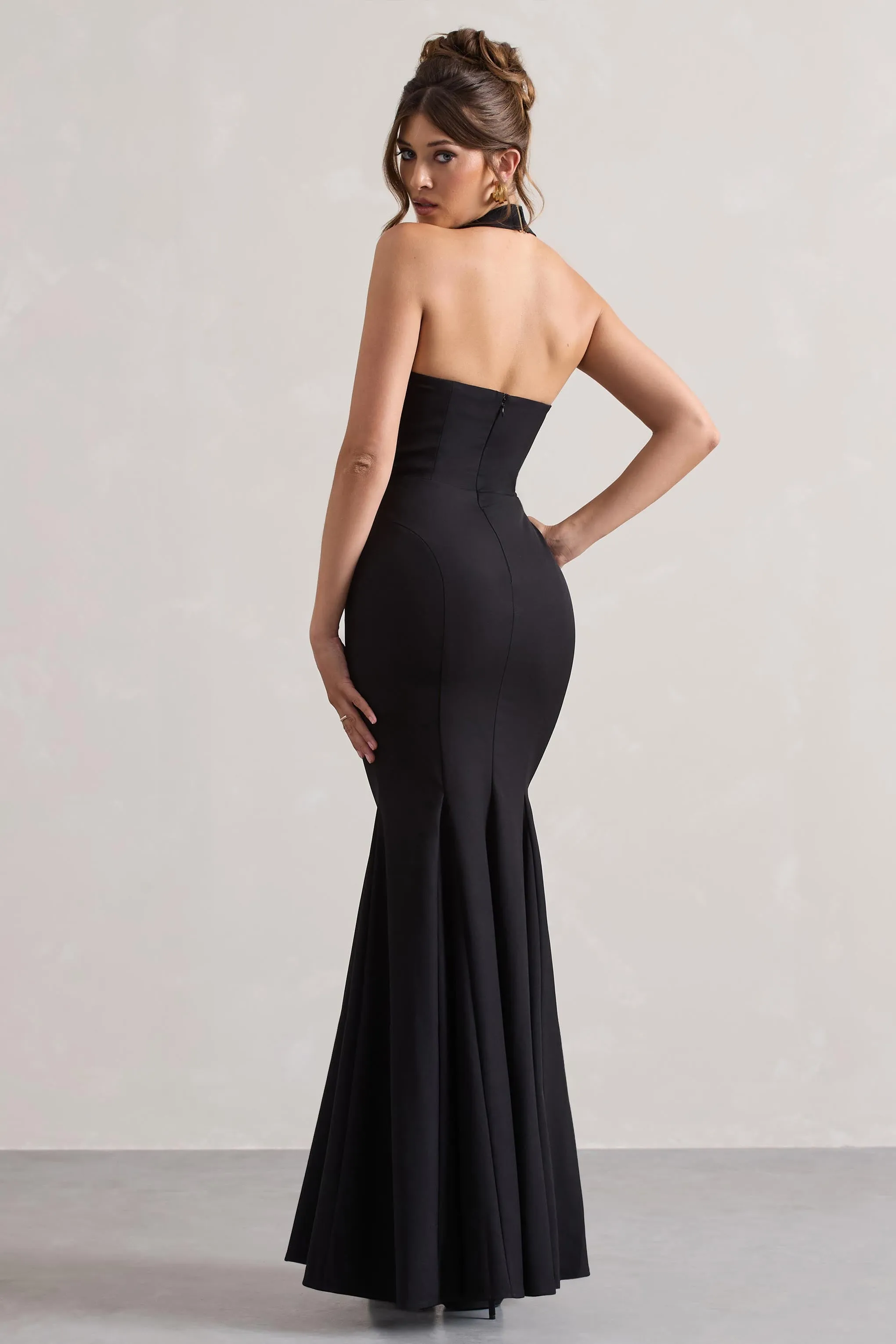 Plaza | Black Plunge Halter-Neck Fishtail Maxi Dress Club L London