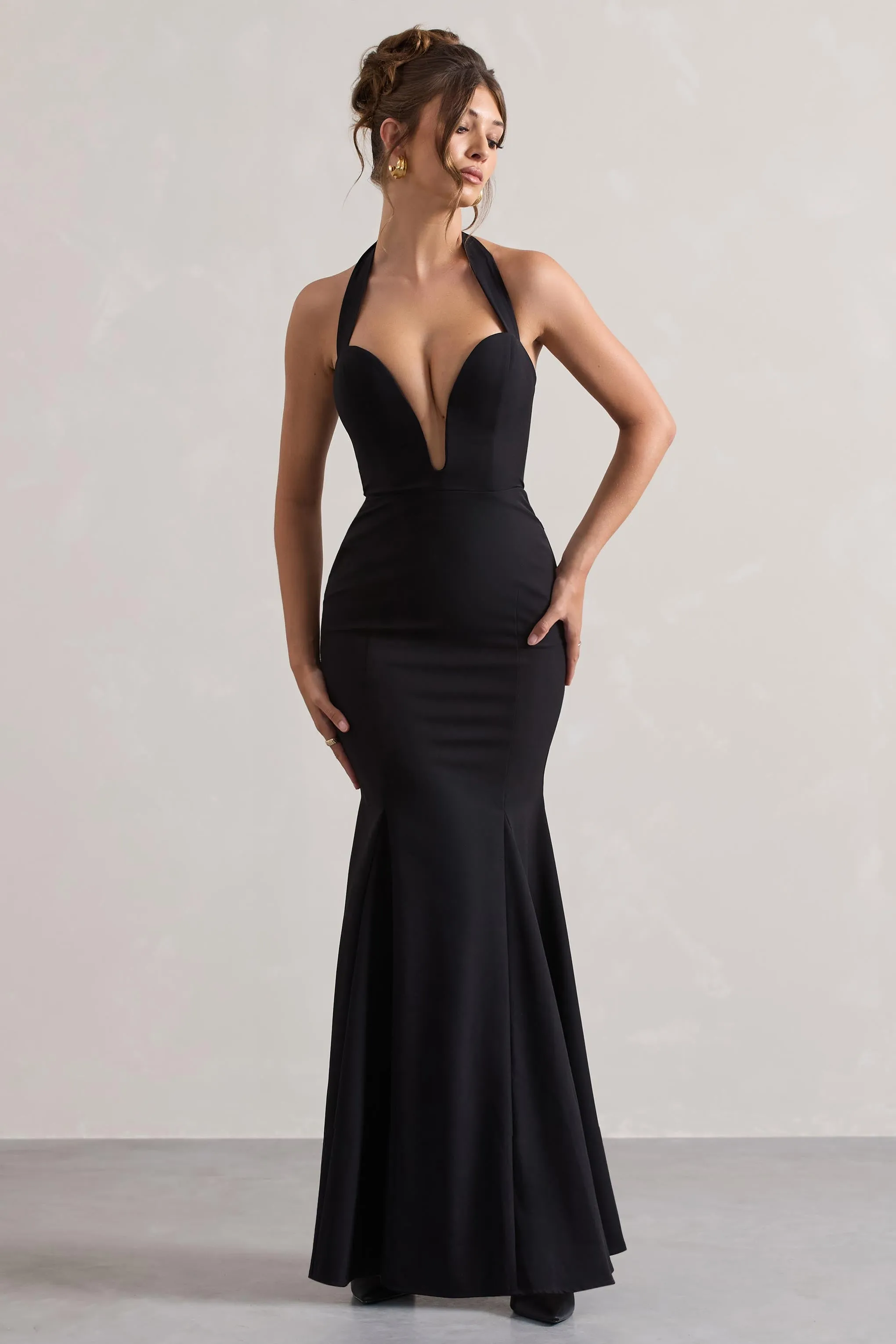 Plaza | Black Plunge Halter-Neck Fishtail Maxi Dress Club L London