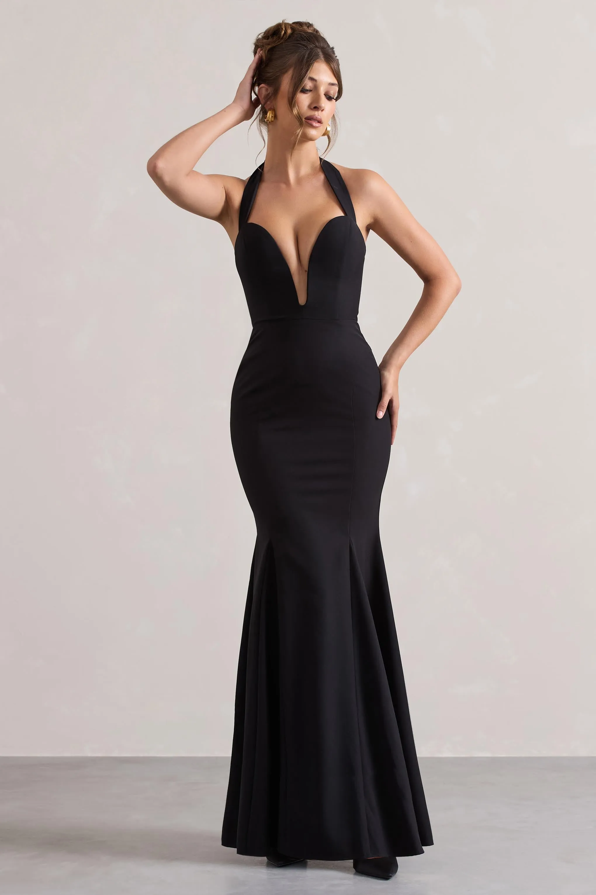 Plaza | Black Plunge Halter-Neck Fishtail Maxi Dress Club L London