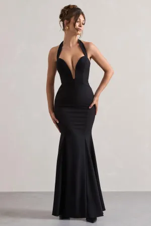 Plaza | Black Plunge Halter-Neck Fishtail Maxi Dress Club L London