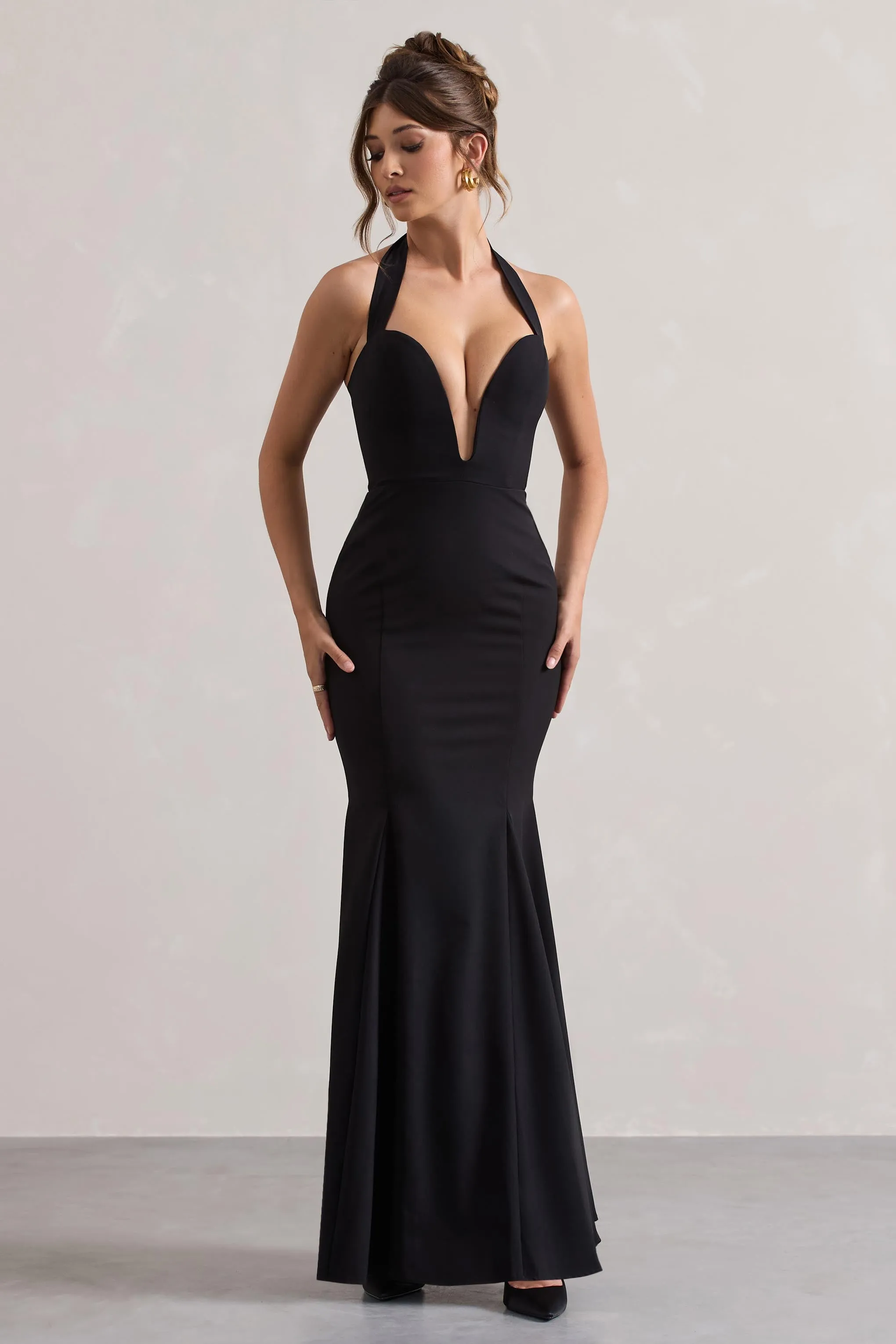 Plaza | Black Plunge Halter-Neck Fishtail Maxi Dress Club L London
