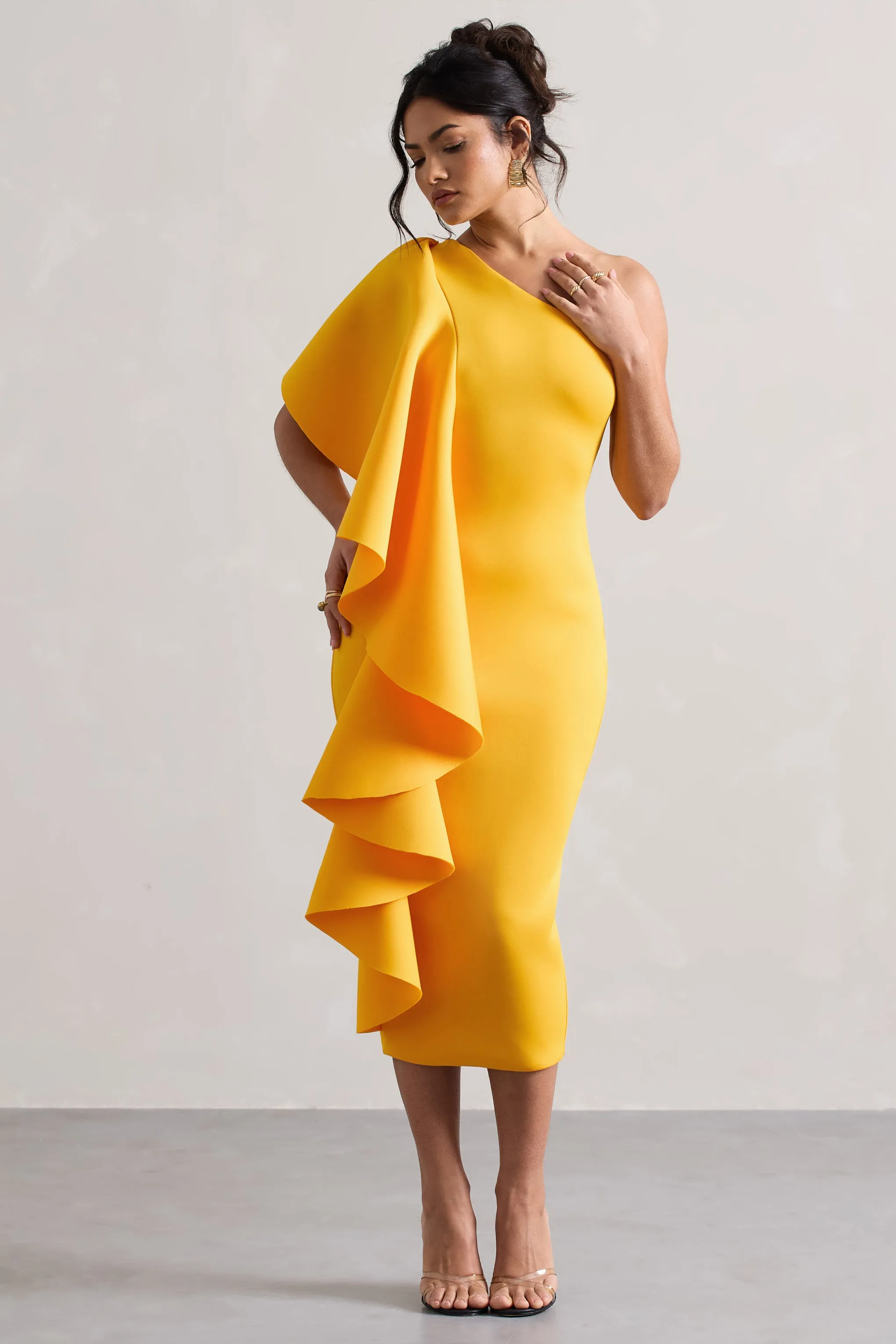 Polo | Mango One Shoulder Bodycon Midi Dress With Ruffle Club L London