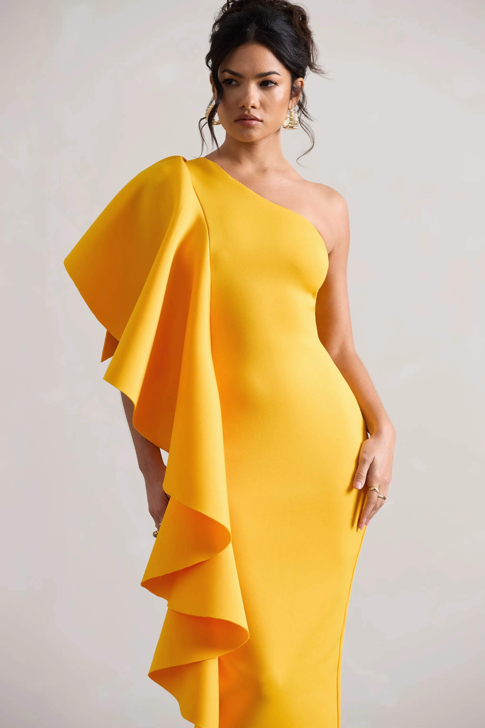 Polo | Mango One Shoulder Bodycon Midi Dress With Ruffle Club L London