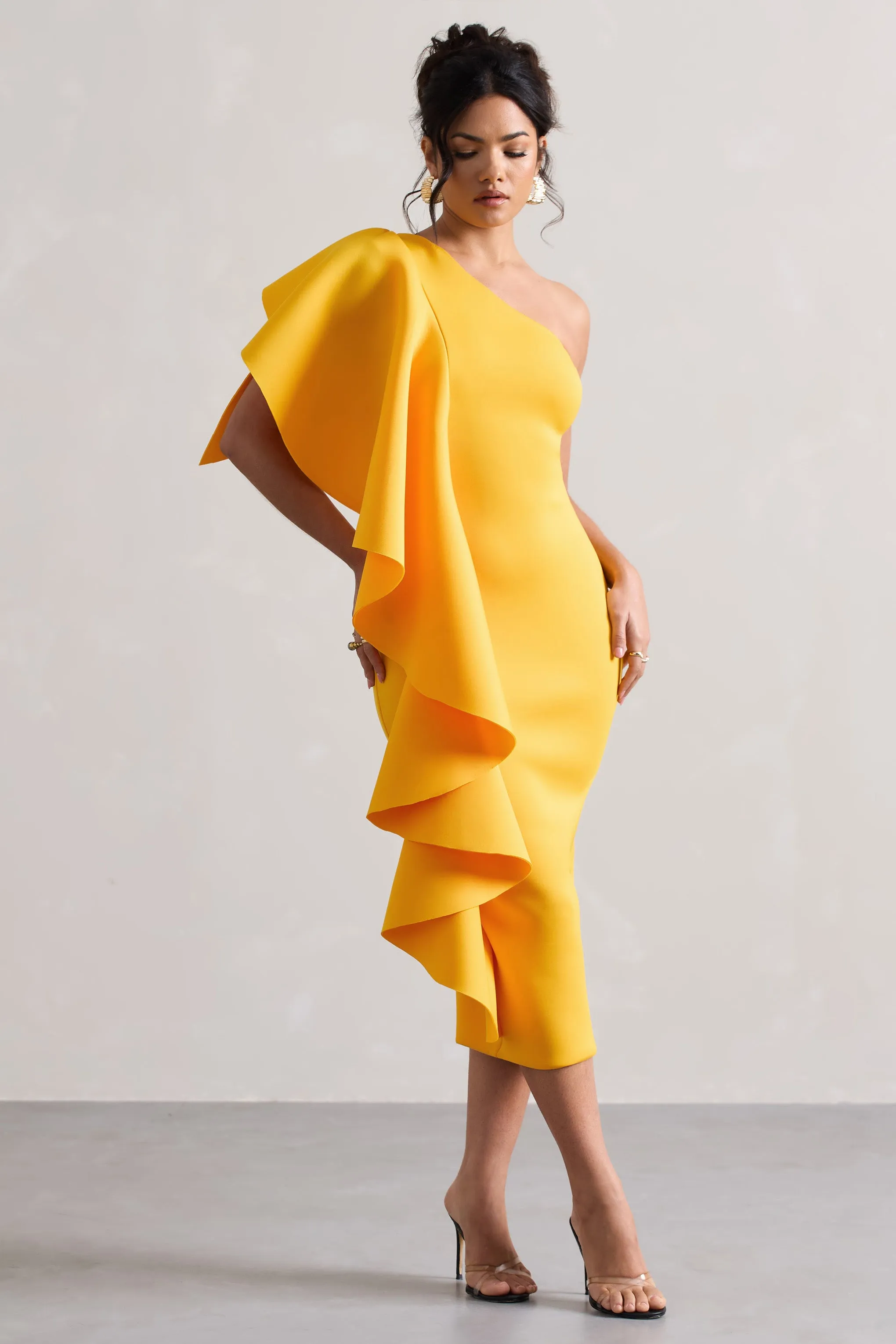 Polo | Mango One Shoulder Bodycon Midi Dress With Ruffle Club L London