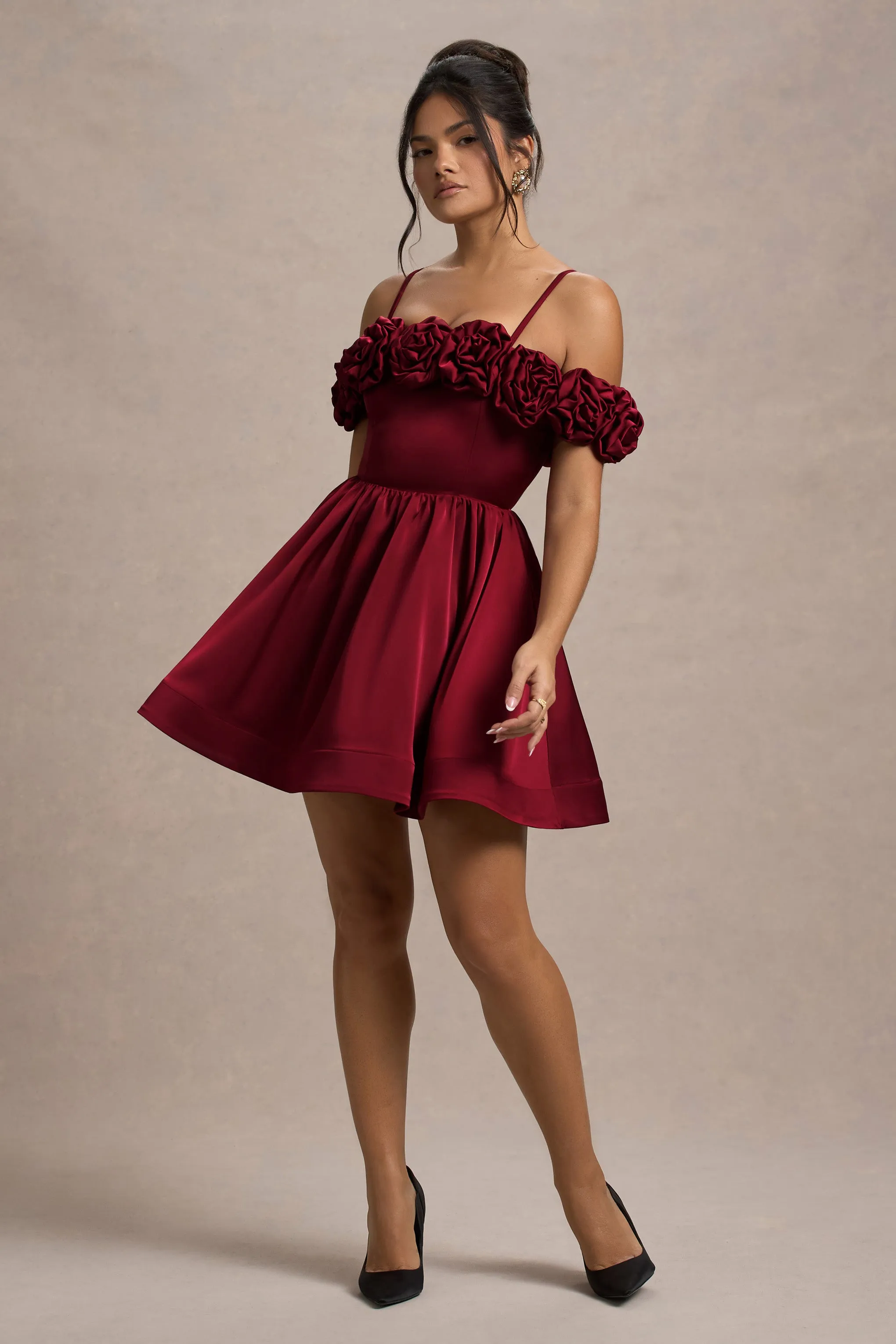 Poppy Dream | Berry Satin Floral Skater Mini Dress Club L London