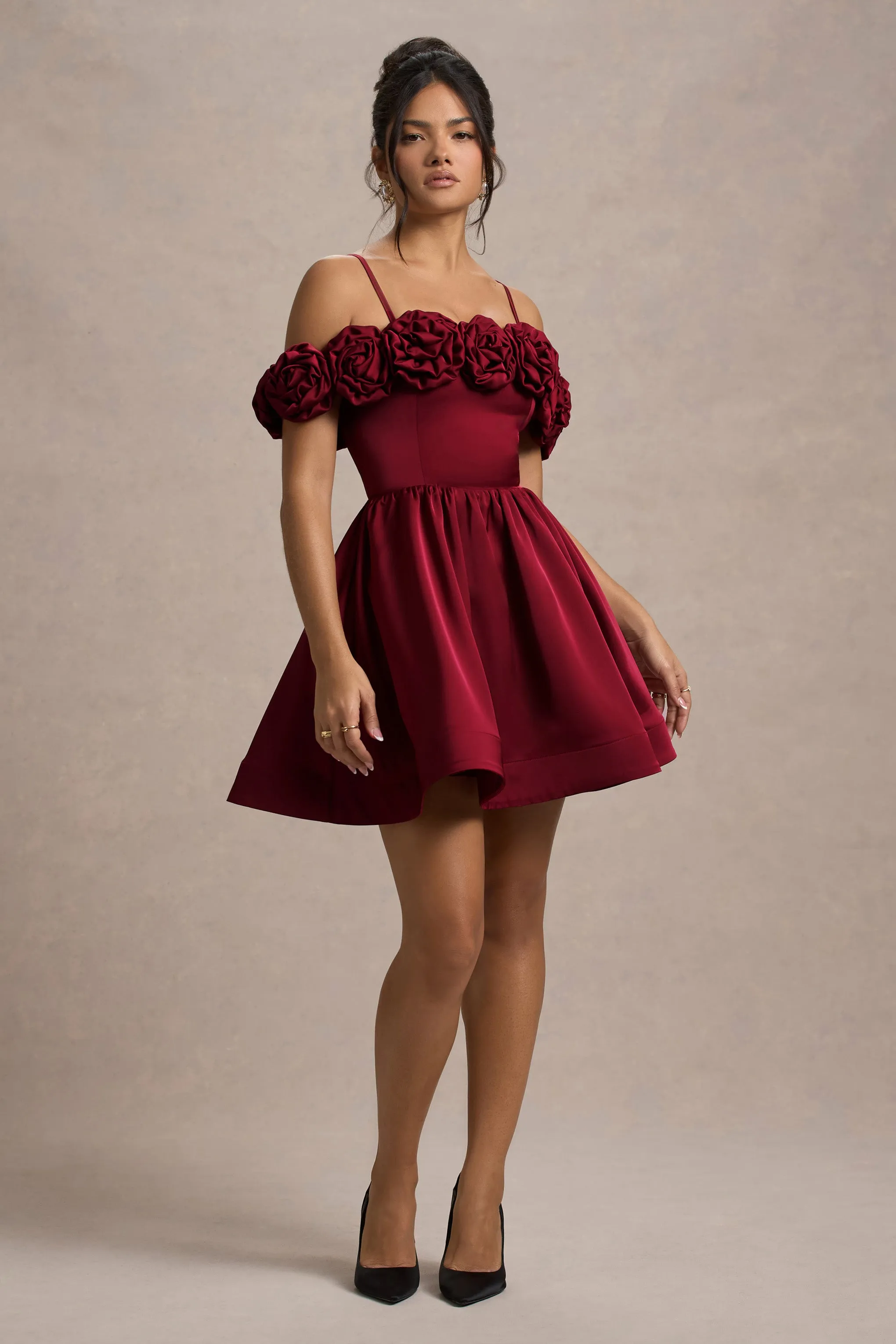 Poppy Dream | Berry Satin Floral Skater Mini Dress Club L London