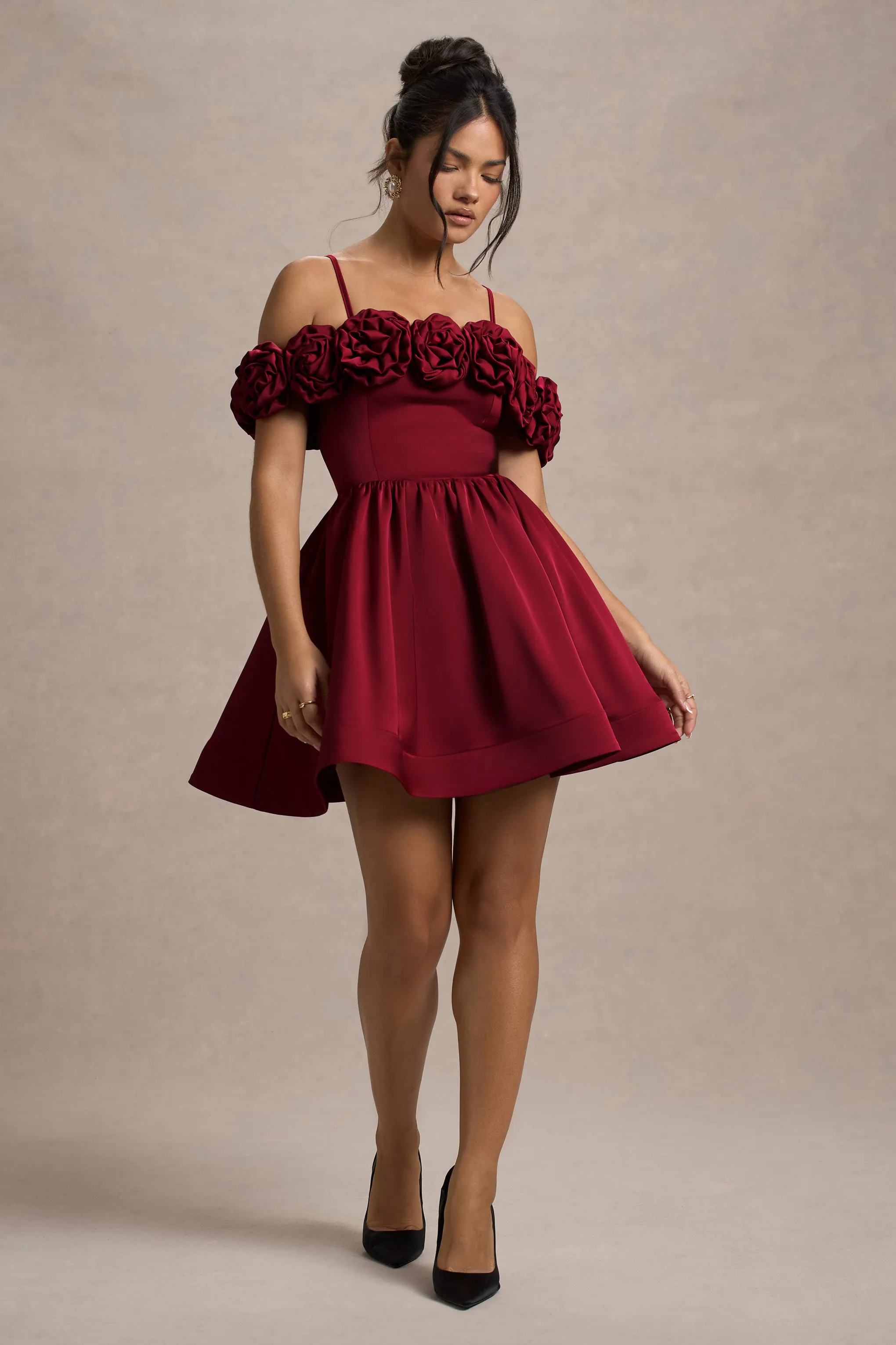 Poppy Dream | Berry Satin Floral Skater Mini Dress Club L London