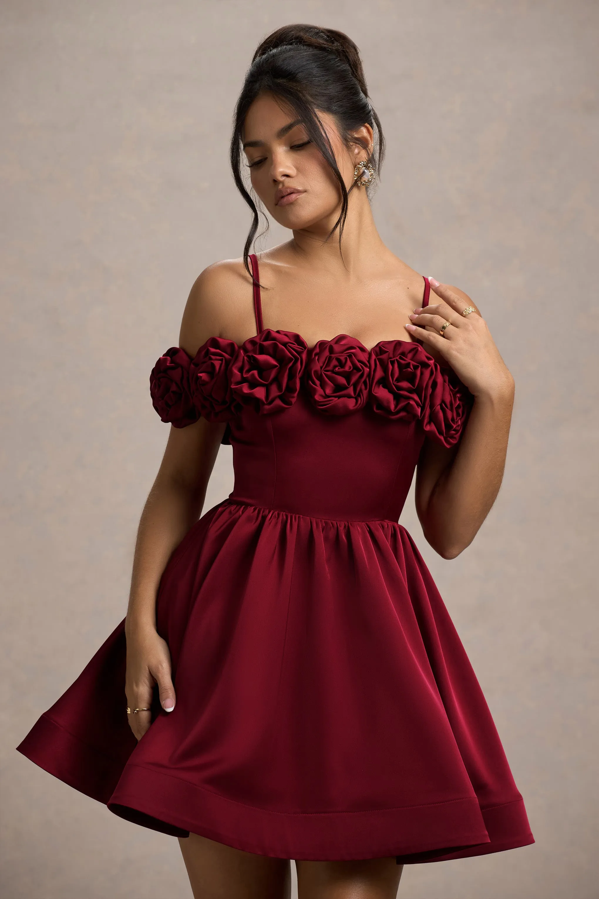 Poppy Dream | Berry Satin Floral Skater Mini Dress Club L London
