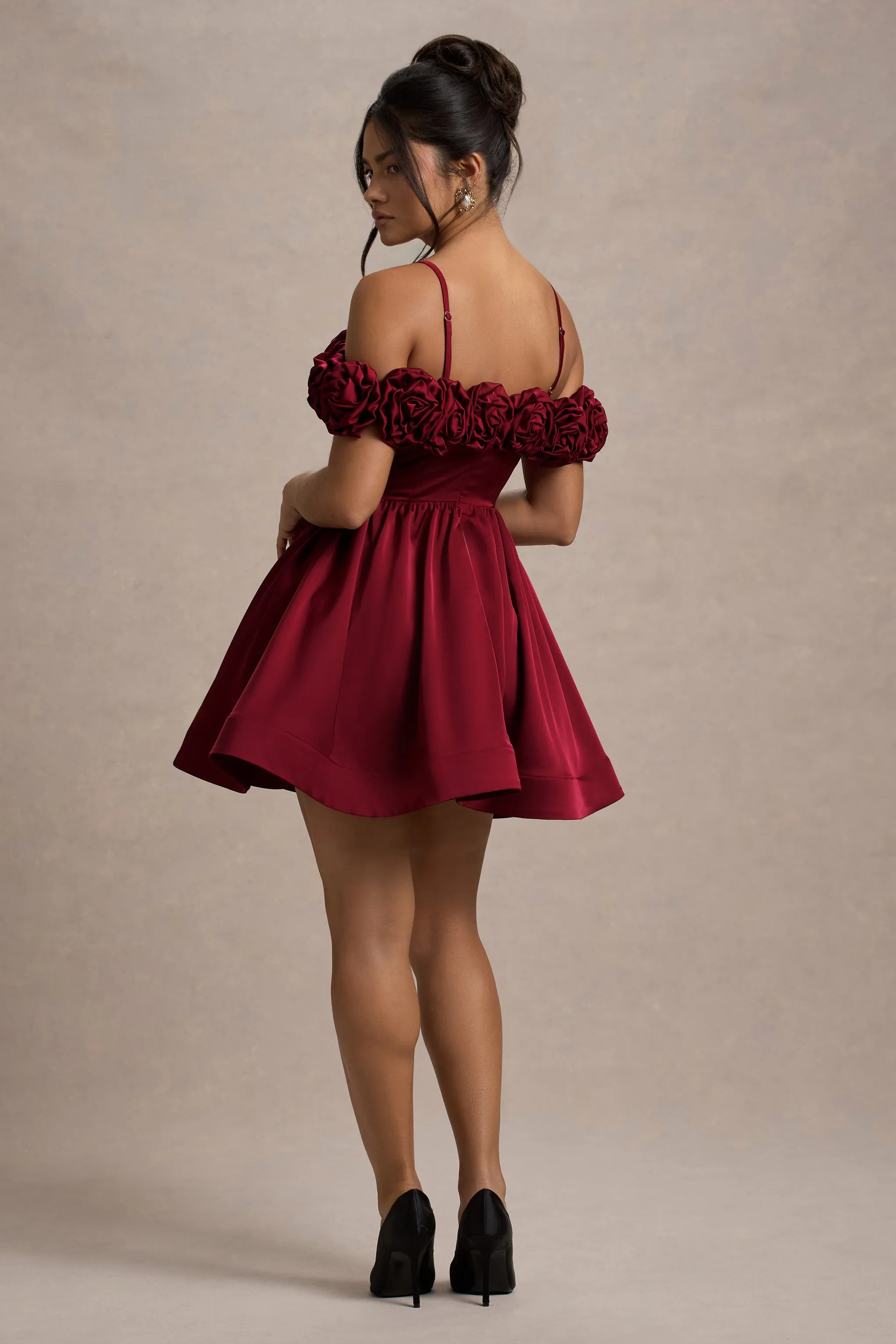 Poppy Dream | Berry Satin Floral Skater Mini Dress Club L London