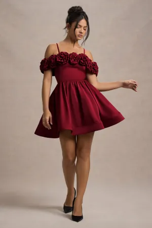 Poppy Dream | Berry Satin Floral Skater Mini Dress Club L London