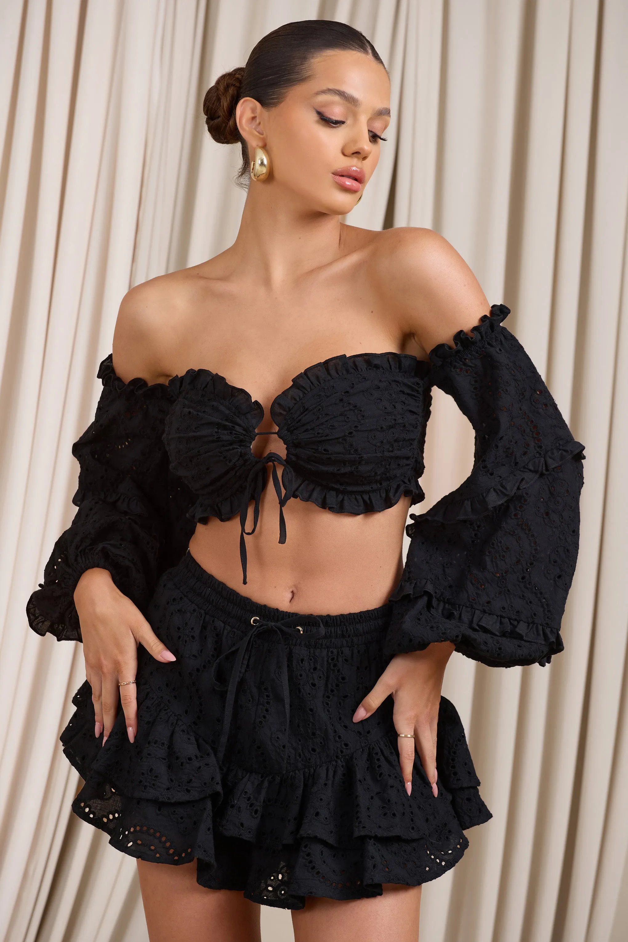 Postcard | Black Lace Bardot Puff-Sleeved Crop Top Club L London