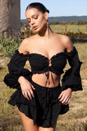 Postcard | Black Lace Bardot Puff-Sleeved Crop Top Club L London