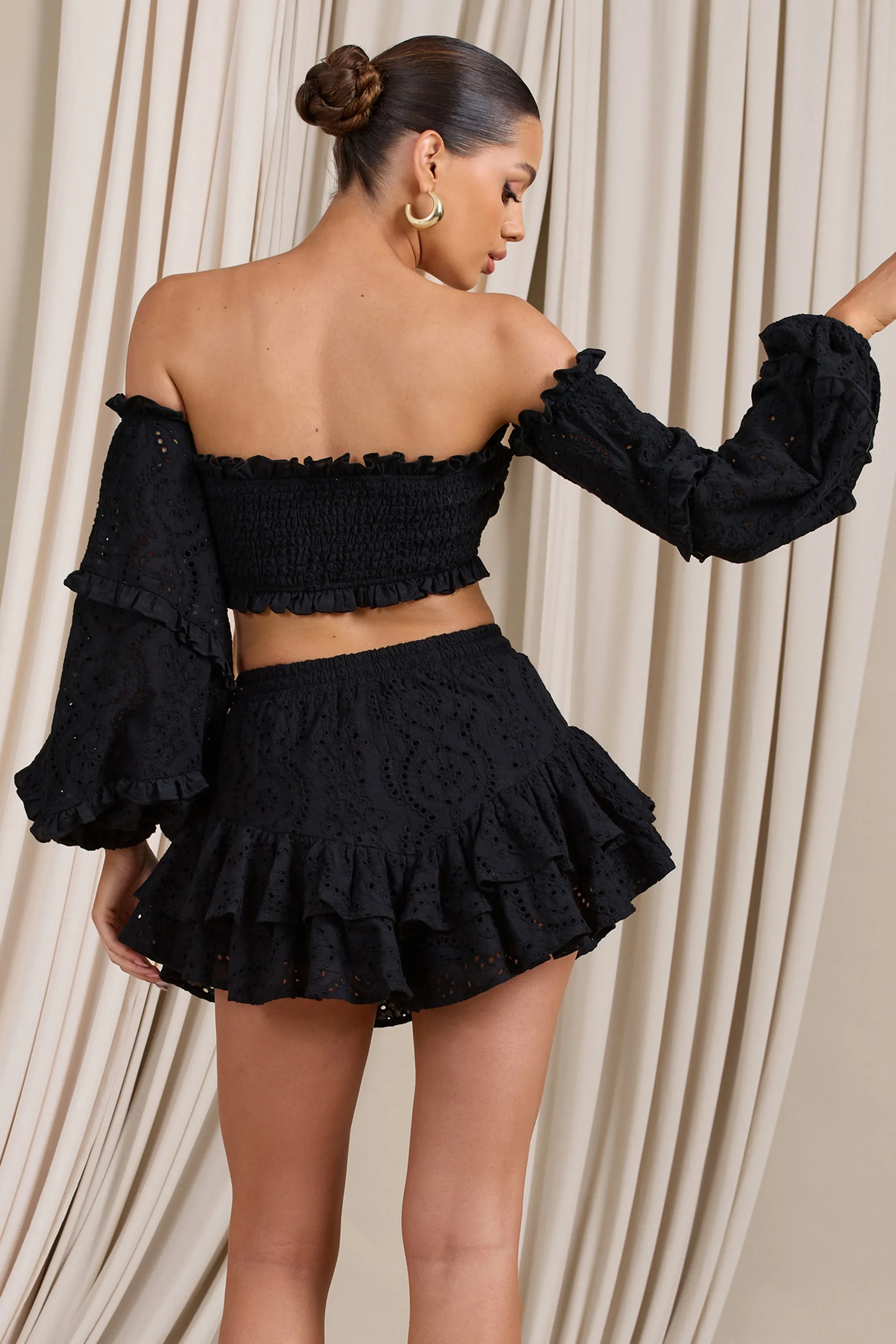 Postcard | Black Lace Bardot Puff-Sleeved Crop Top Club L London