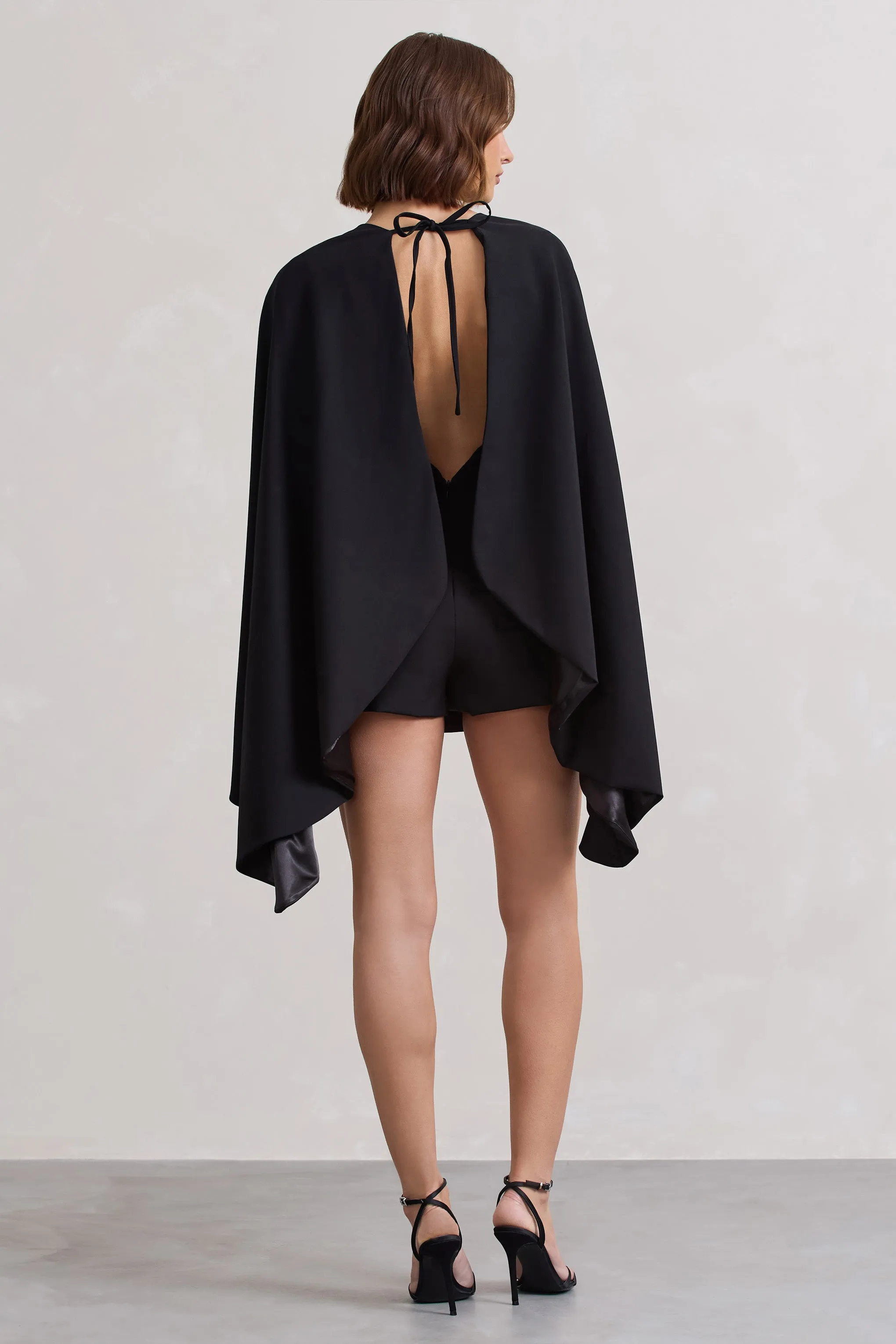 Presley | Black Backless Skort Playsuit With Cape Club L London