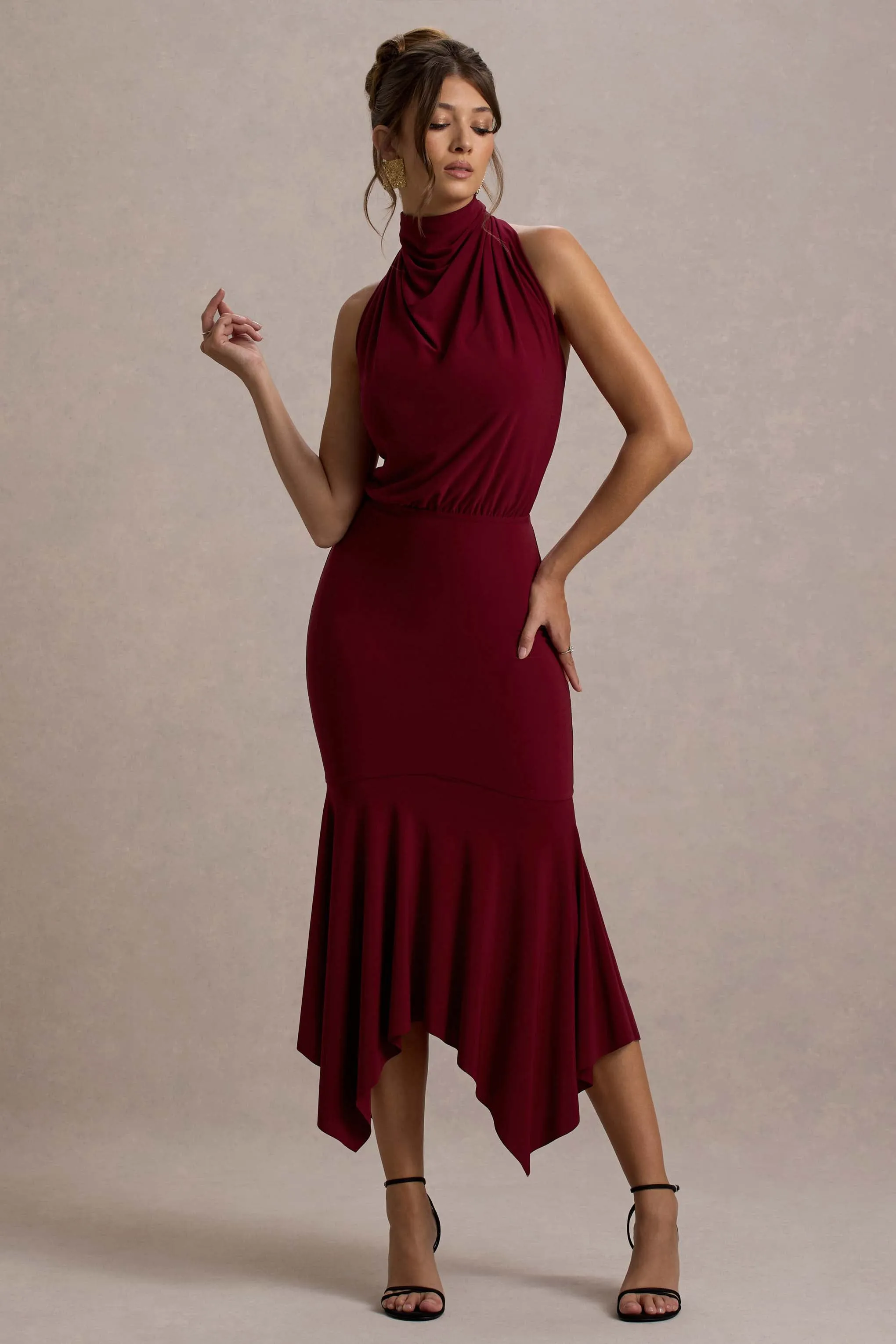 Prianyka | Berry High-Neck Draped Midi Dress Club L London