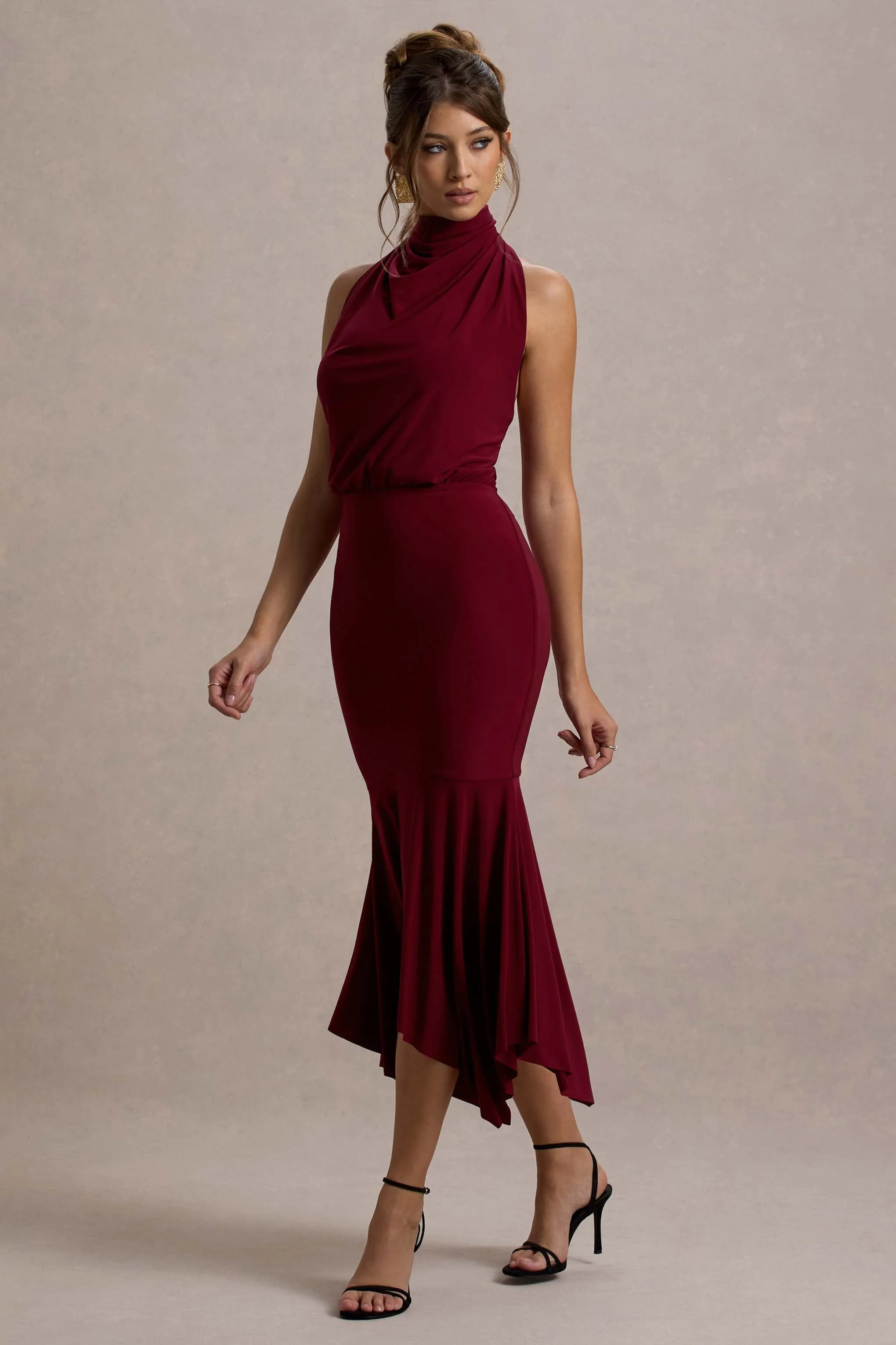 Prianyka | Berry High-Neck Draped Midi Dress Club L London