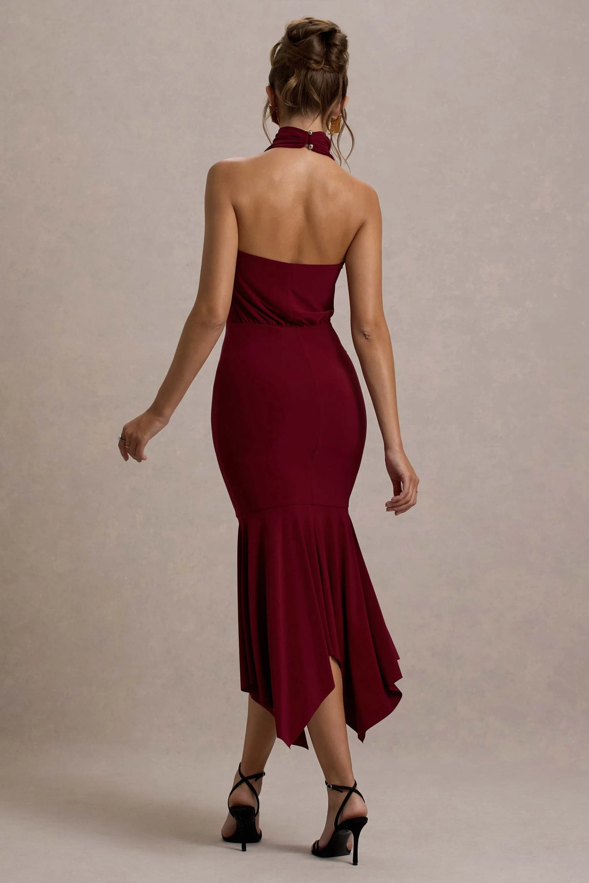 Prianyka | Berry High-Neck Draped Midi Dress Club L London