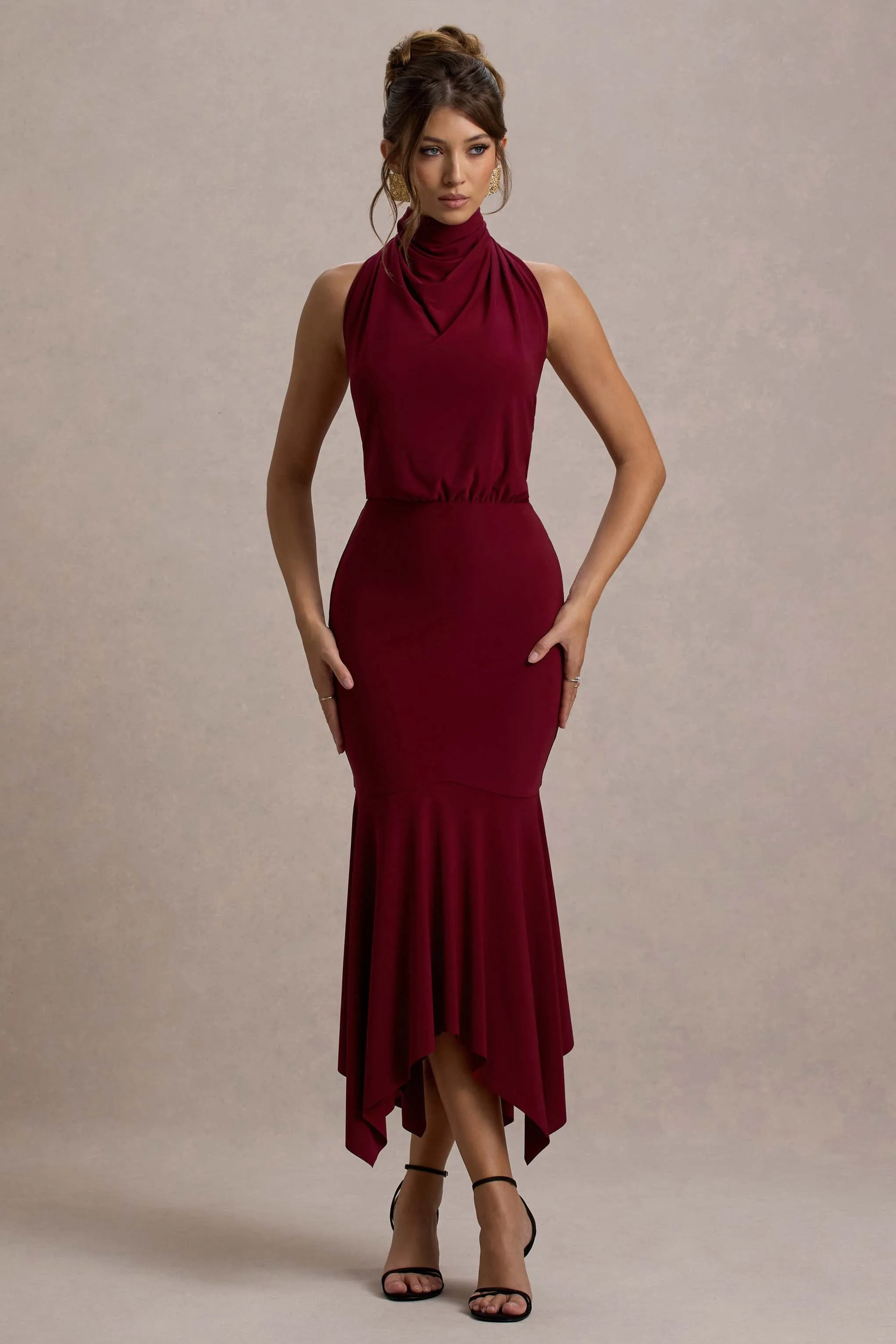 Prianyka | Berry High-Neck Draped Midi Dress Club L London