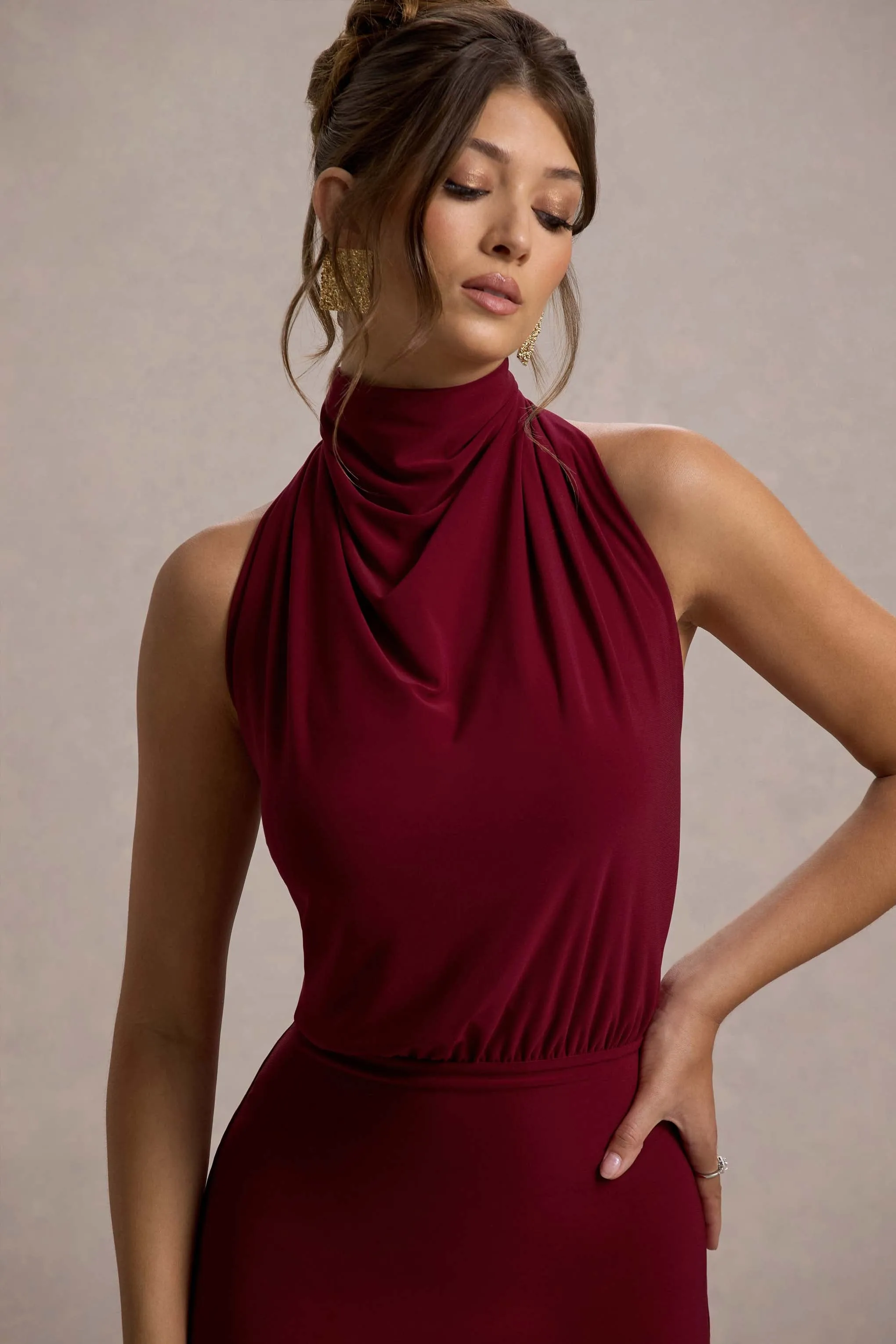 Prianyka | Berry High-Neck Draped Midi Dress Club L London