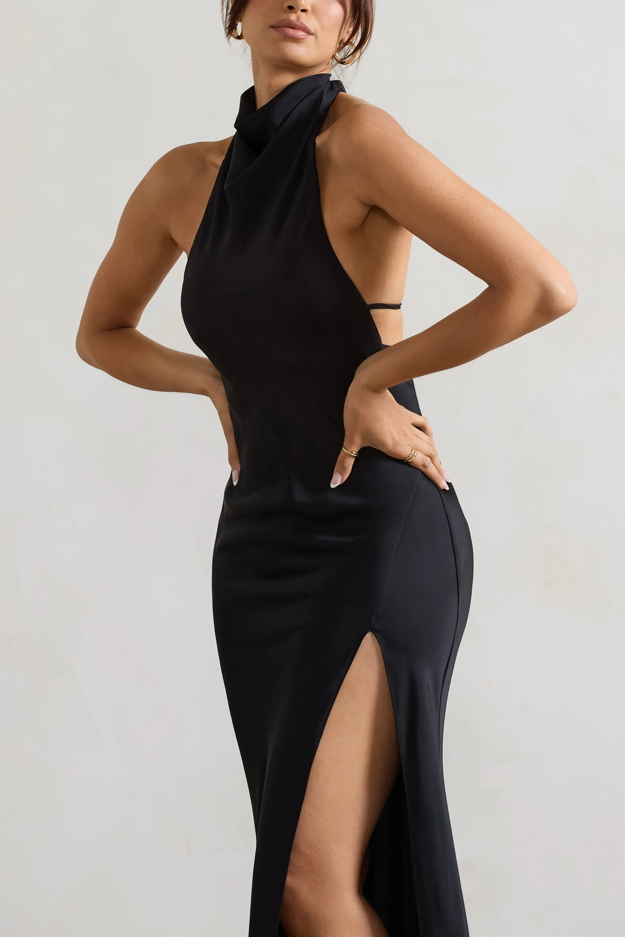 Priero | Black Cowl Halter-Neck Open Back Maxi Dress Club L London