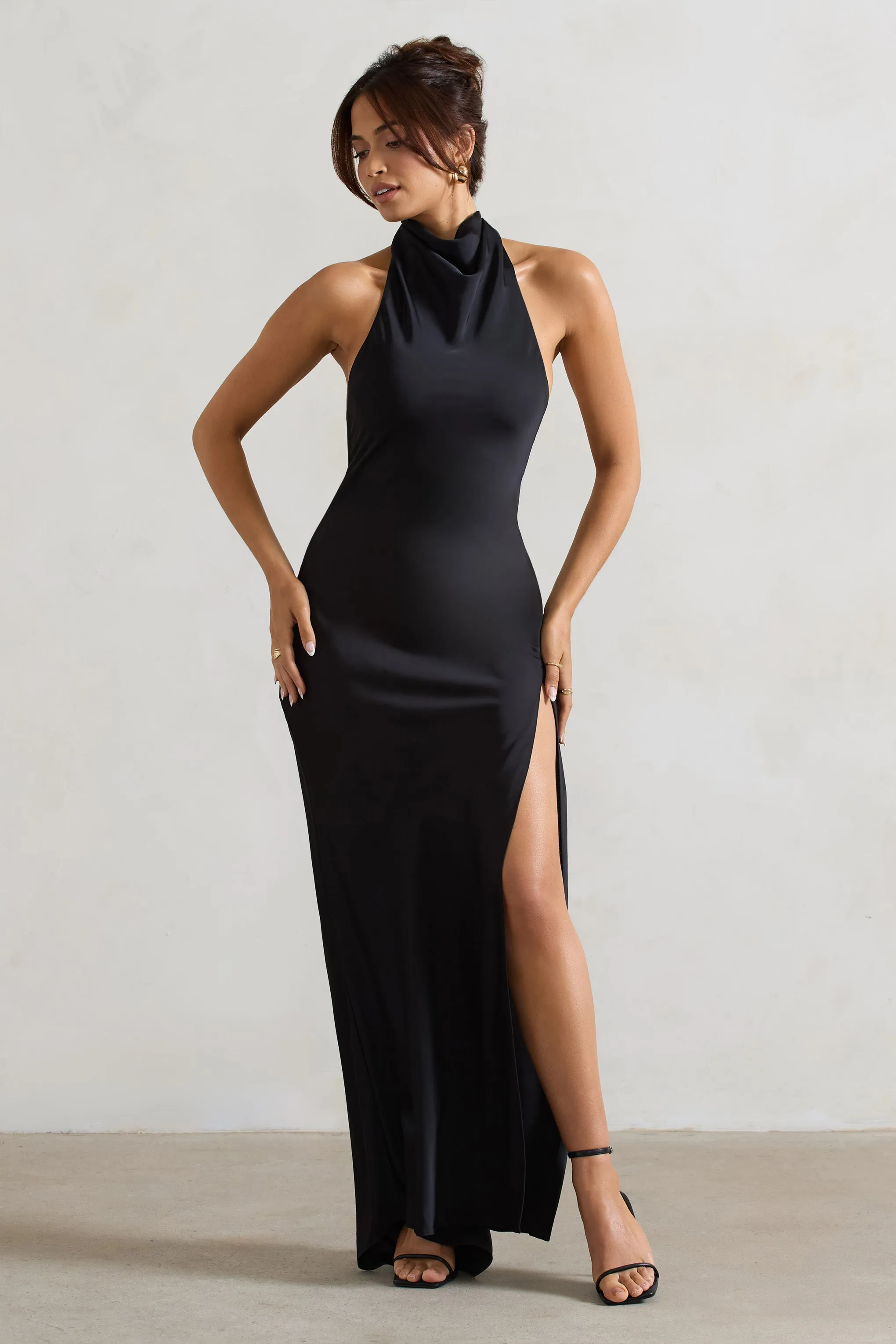 Priero | Black Cowl Halter-Neck Open Back Maxi Dress Club L London