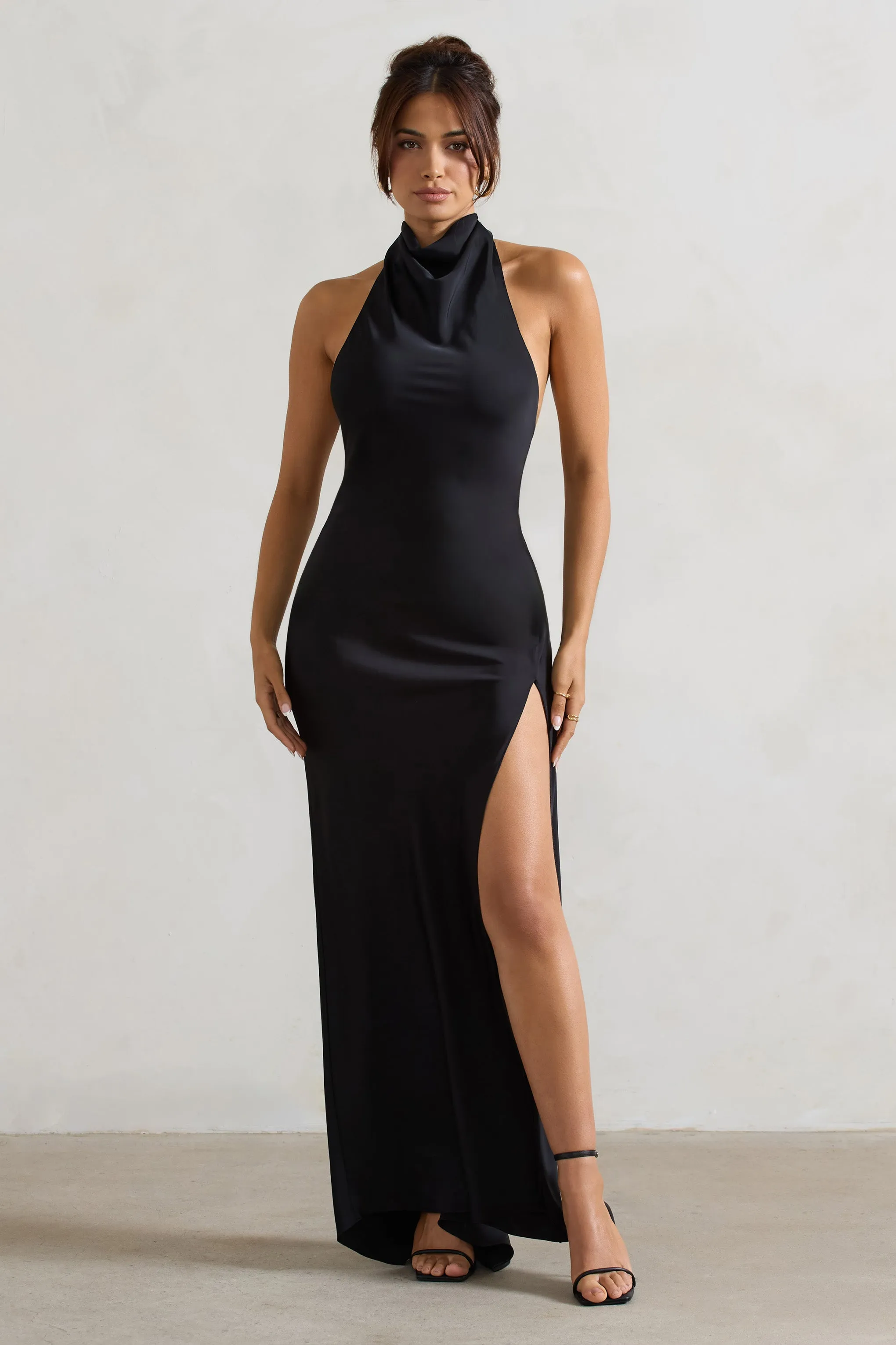 Priero | Black Cowl Halter-Neck Open Back Maxi Dress Club L London