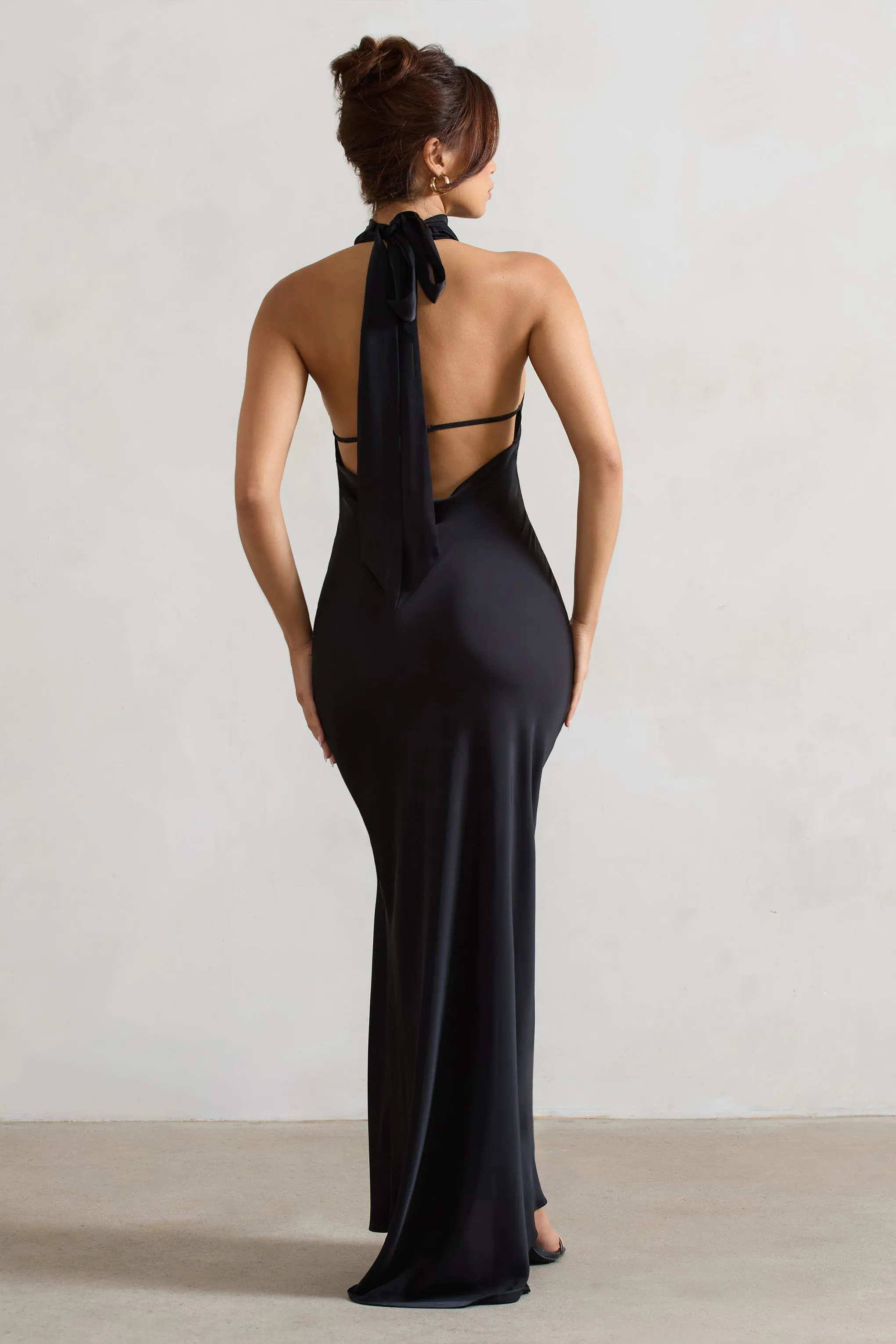 Priero | Black Cowl Halter-Neck Open Back Maxi Dress Club L London
